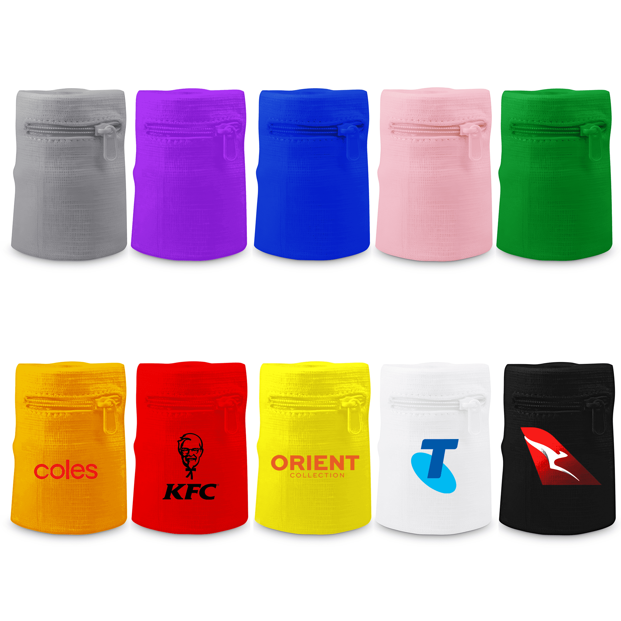 A collection of zippered sweat bands in grey, purple, blue, pink, green, yellow, red, white, and black, featuring various logos. Sweat Band With Zipper - Image 1