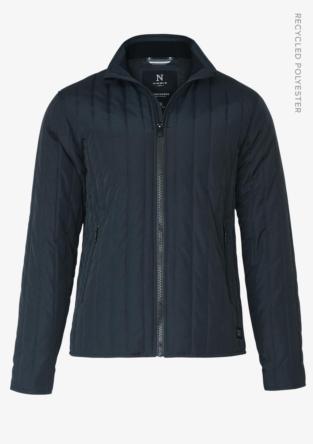 A navy soft shell jacket with a zip front, featuring a quilted design and a branding logo. Lindenwood Men Jacket - Image 1
