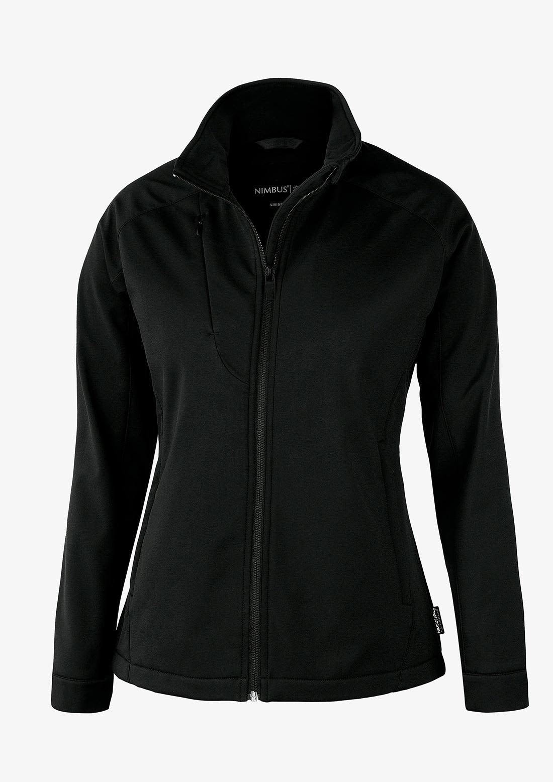 A black soft shell jacket with a zip-up front and high collar, featuring a pocket on the chest and a logo. Livingston Women Jacket - Image 1