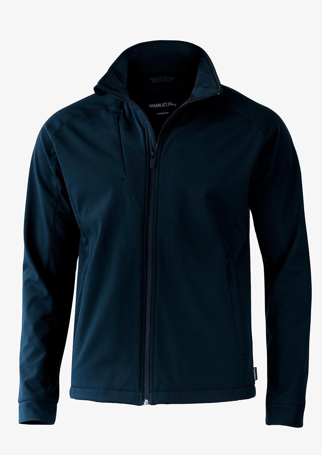 A navy soft shell jacket featuring a zippered front and a hood, with a simple logo on the chest. Livingston Men Jacket - Image 1