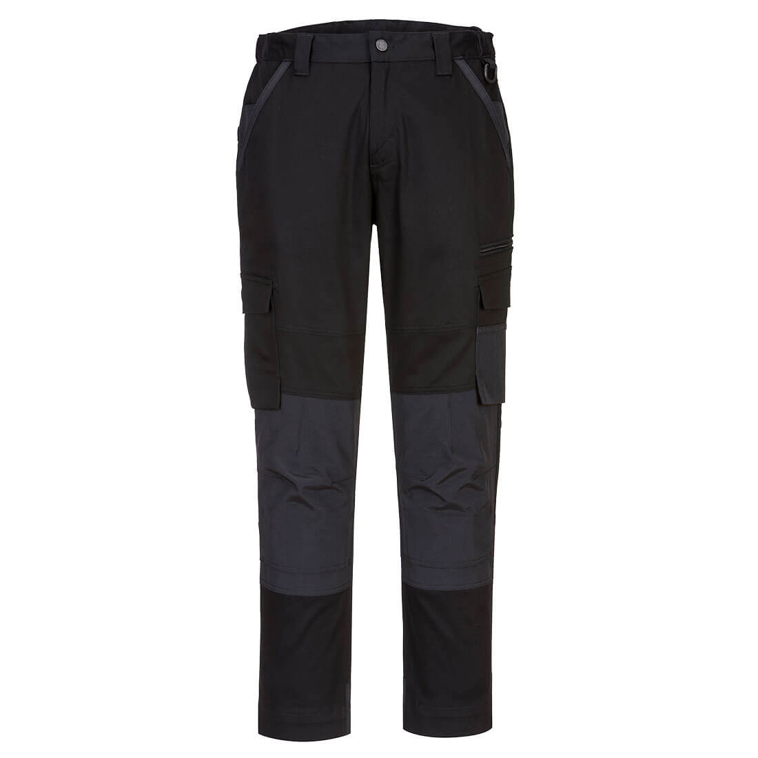 Black and charcoal work pants with multiple pockets and a fitted design, featuring a logo on the waistband. KX3 Women's Stretch Slim Fit Trade Pants - Image 1