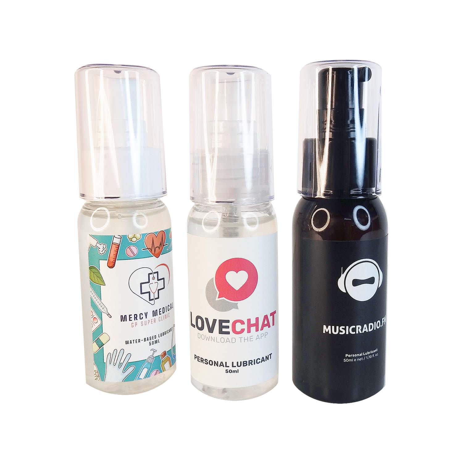 Three bottles of personal lubricant in clear and black, featuring different designs and a logo on each. Personal Lubricant Bottle - Image 1