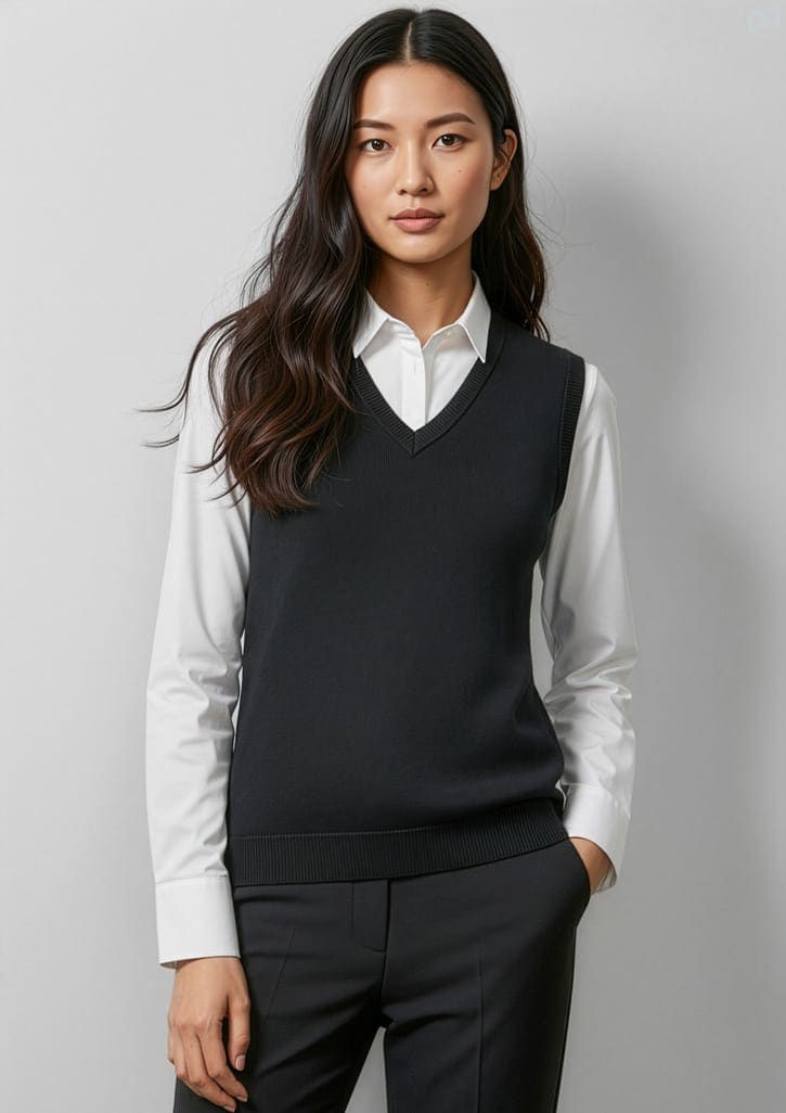 A black women's V-neck knit vest worn over a white shirt, featuring a fitted design and no visible branding. Womens V-Neck Knit Vest - Image 1