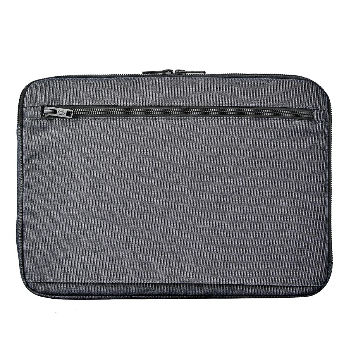 A grey laptop sleeve with a zippered compartment, designed for a 16-inch laptop. It features a textured fabric and branding. Cupertino Laptop Sleeve 16 - Image 1