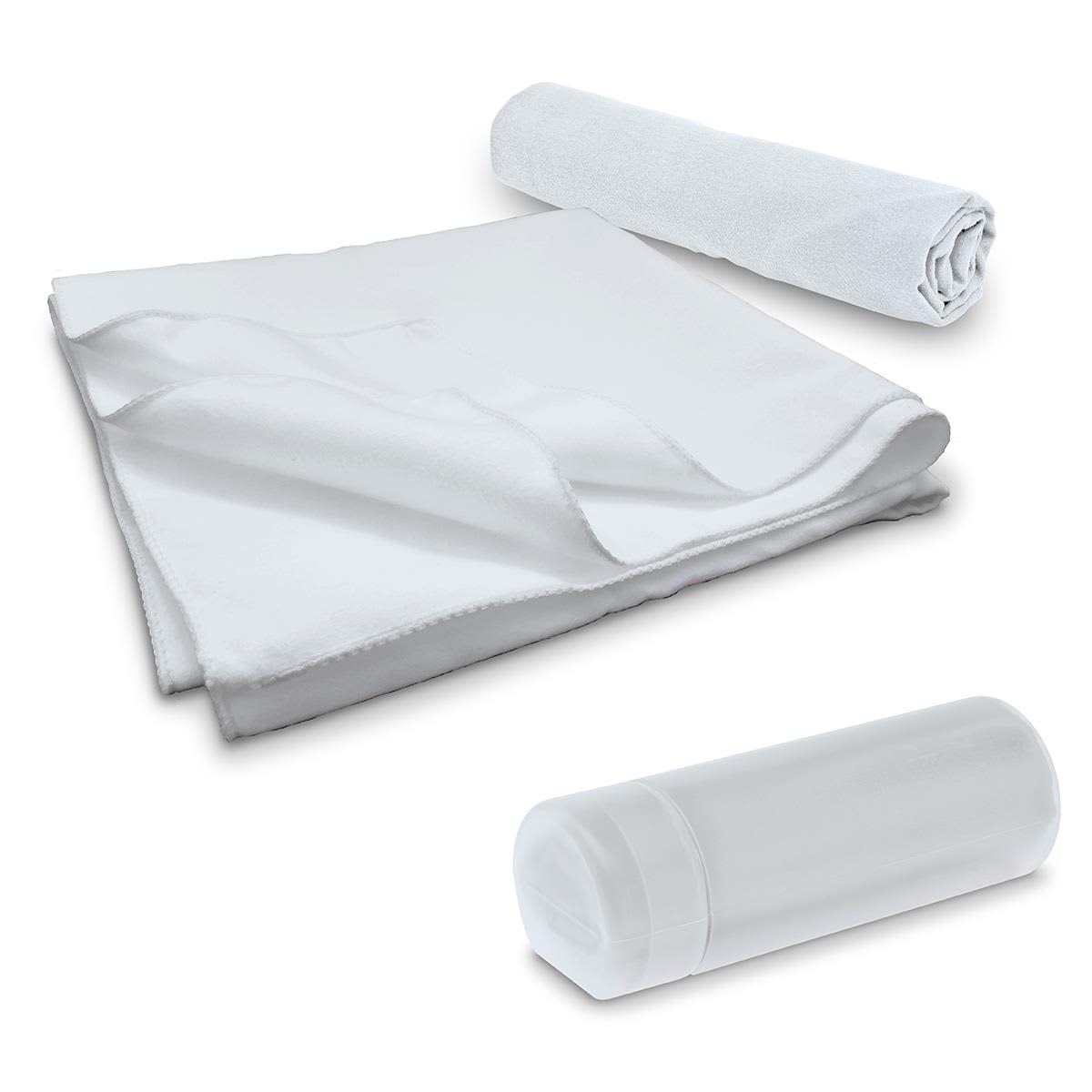 A white sports towel and a white container, featuring a logo, laid out separately. Sports Towel in Container - Image 1
