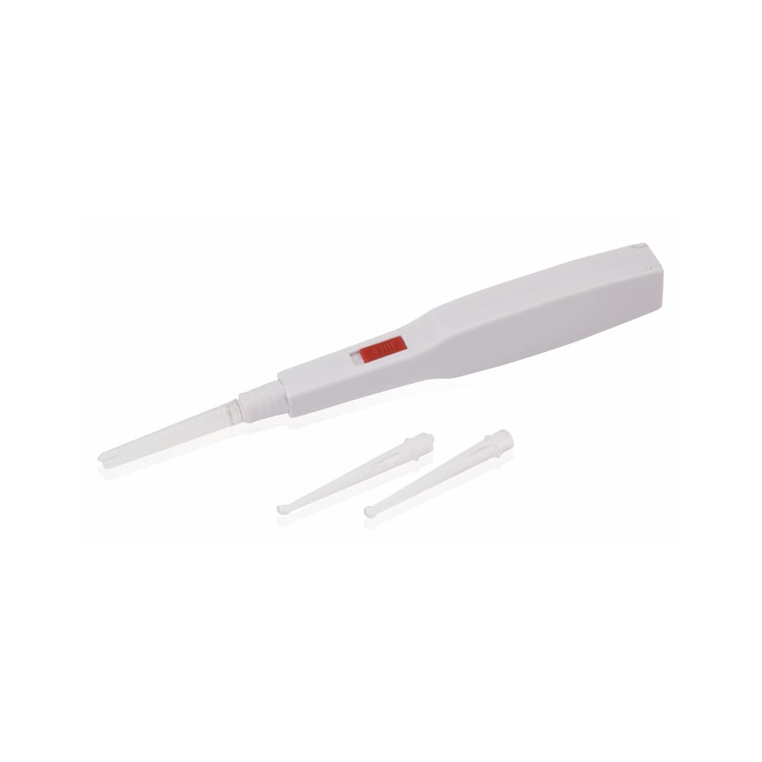 A white ear cleaner tool with a removable tip, accompanied by two additional tips. The product has a small red button. Ears Cleaner Panda - Image 1