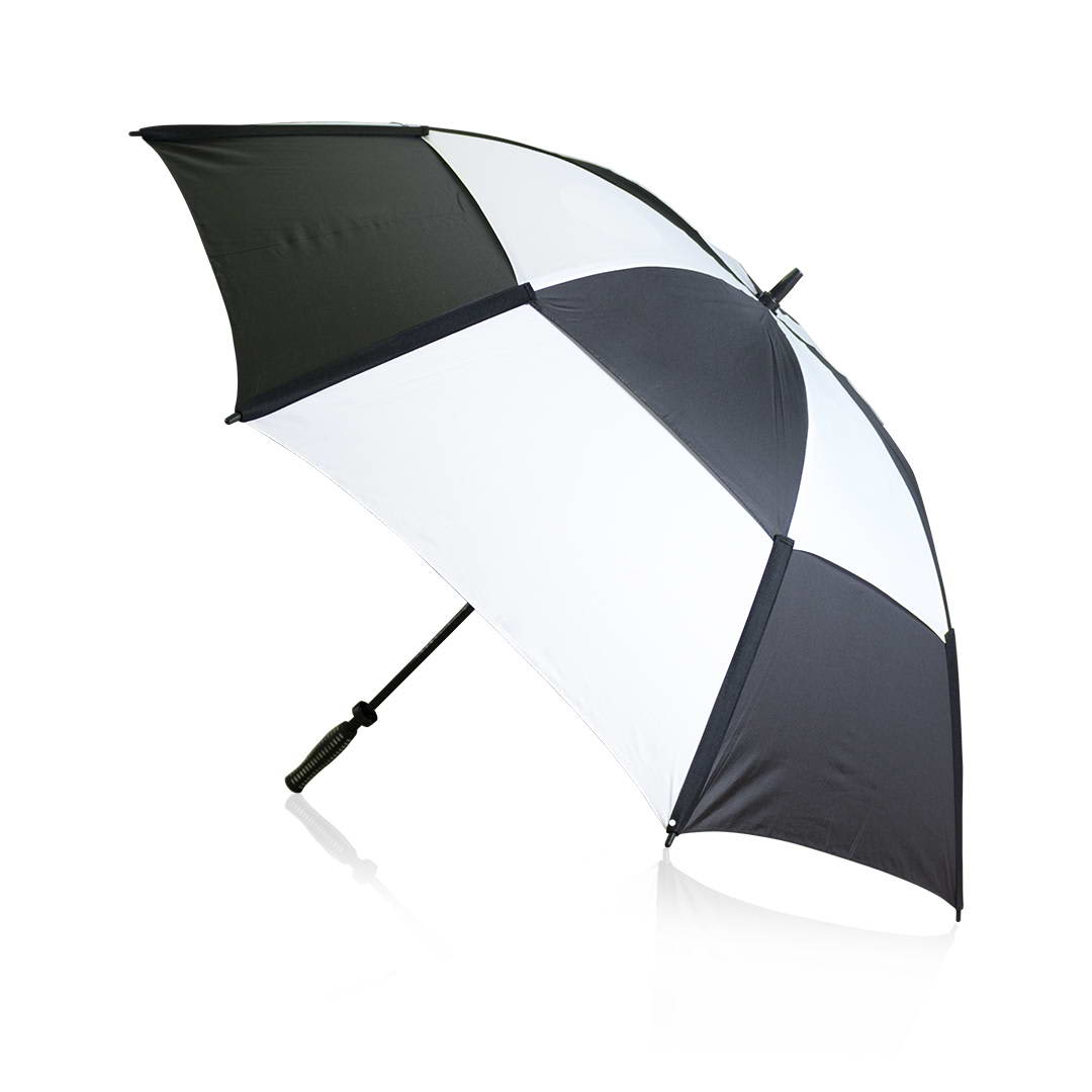 A large umbrella featuring a black and white design with a curved handle. It has a sturdy frame and a wide canopy. Budyx - Image 1