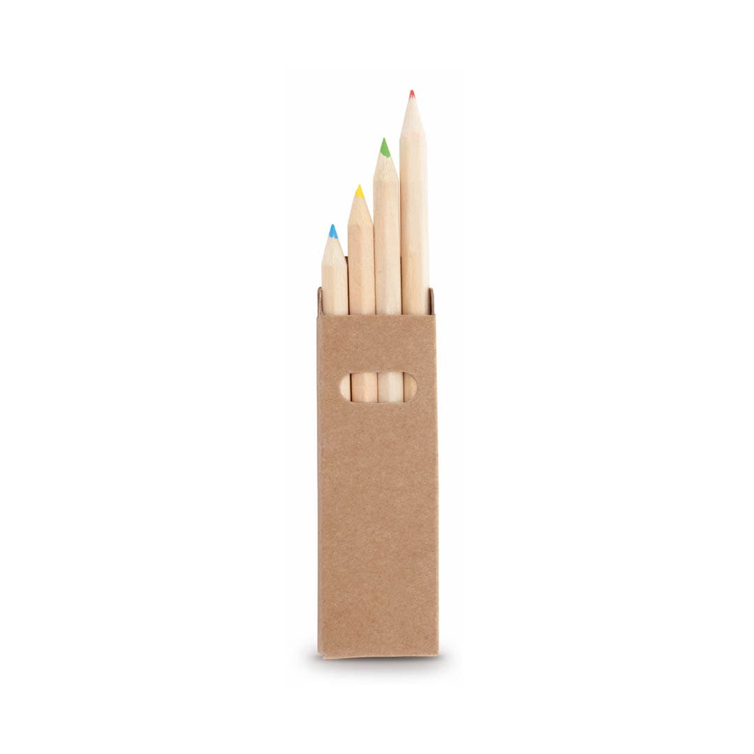A set of wooden pencils with different coloured tips in a cardboard holder. The holder is brown. Tynie - Image 1