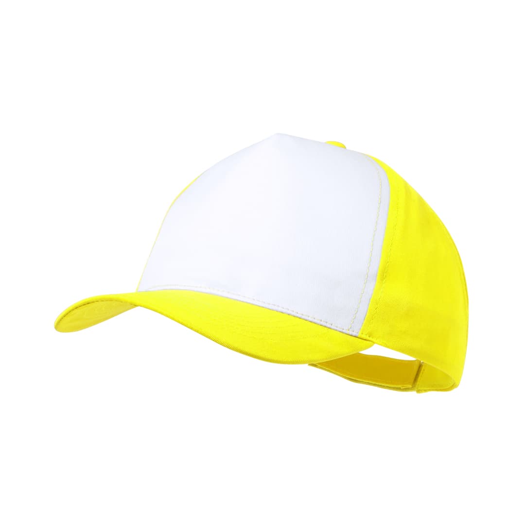 A cap featuring a bright yellow brim and a white front panel, with an adjustable strap at the back. Sodel - Image 1
