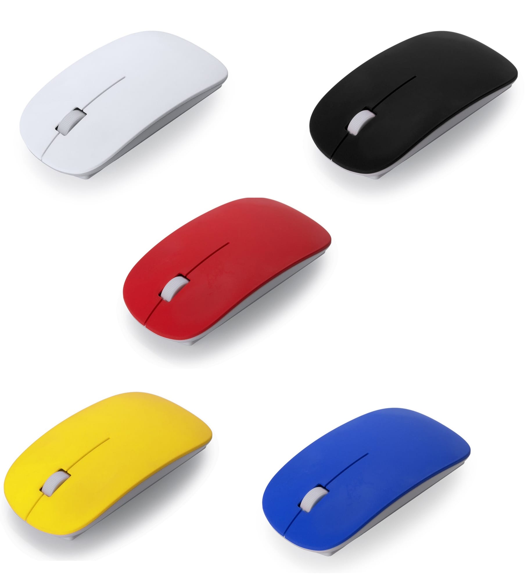 A collection of five computer mice in white, black, red, yellow, and blue, featuring a logo on each. Lyster - Image 1