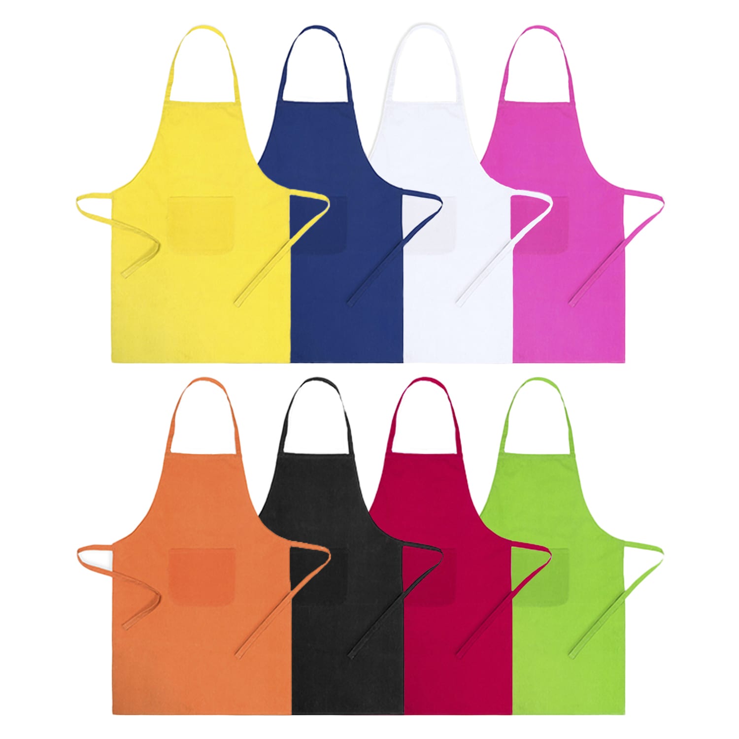 A collection of eight aprons in various colours: yellow, navy, white, pink, orange, black, red, and green, each with a pocket. Xigor - Image 1