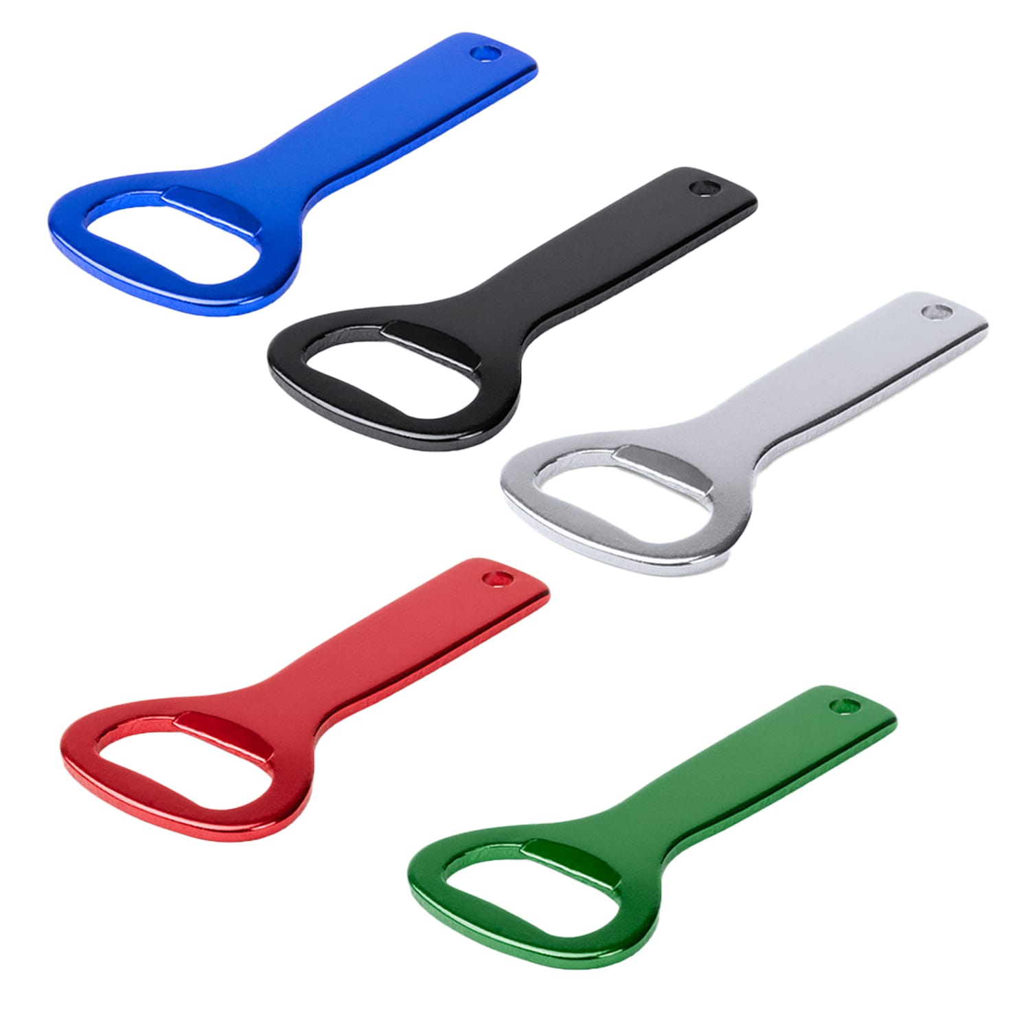 A set of five metal bottle openers in blue, black, silver, red, and green, featuring a sleek design and a logo. Gadux - Image 1