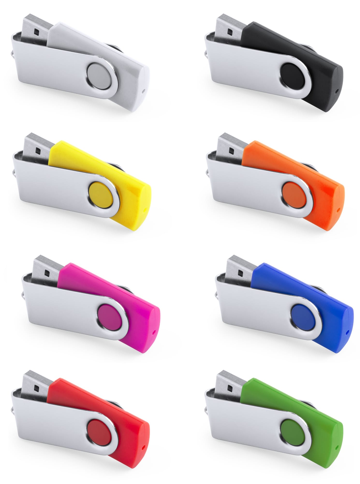 A USB memory stick collection featuring eight variants in black, yellow, orange, pink, blue, and green with a silver body. USB Memory Rebik 16GB - Image 1