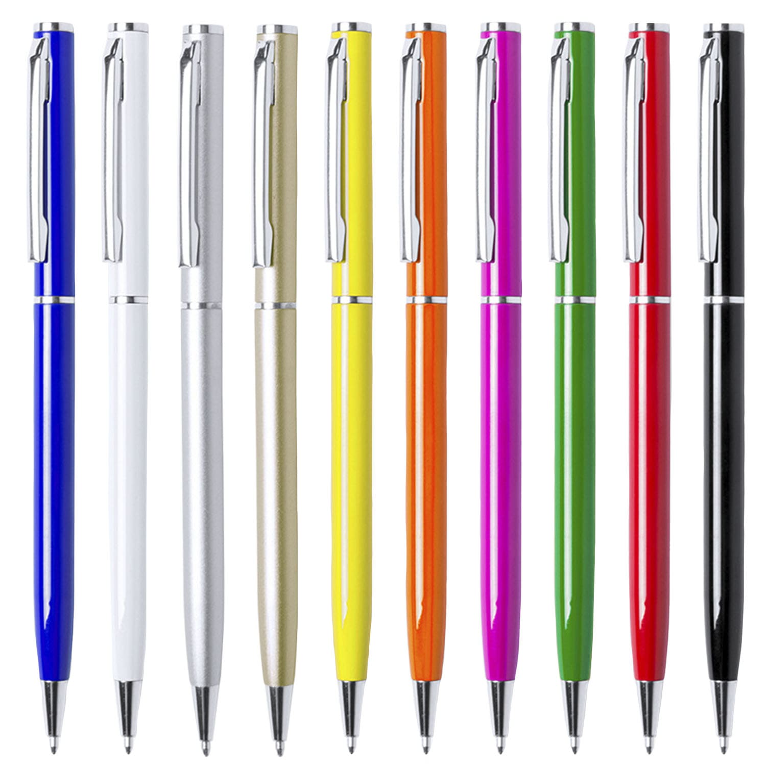 A collection of ten ballpoint pens in various colours: blue, white, gold, yellow, orange, pink, red, green, and black. Zardox - Image 1
