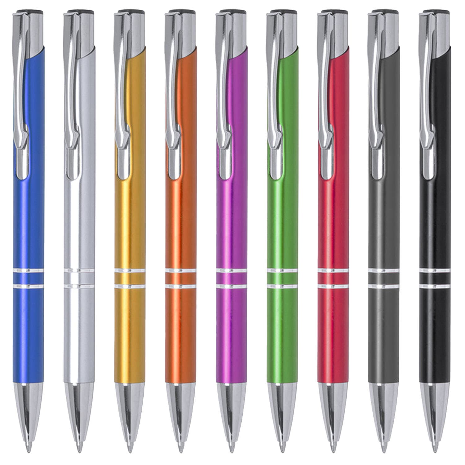 A row of ten retractable pens in various colours including blue, silver, orange, pink, green, and black with chrome accents. Trocum - Image 1