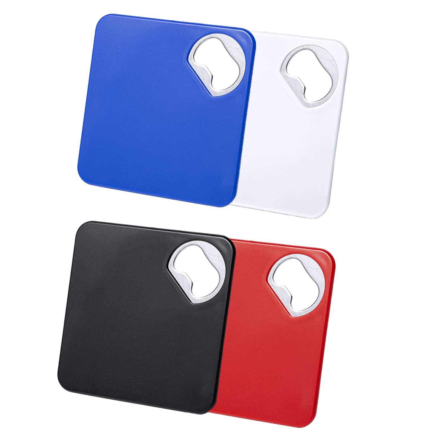 A drink bottle opener set featuring four square-shaped openers in blue, white, black, and red, each with a branded logo. Olmux - Image 1