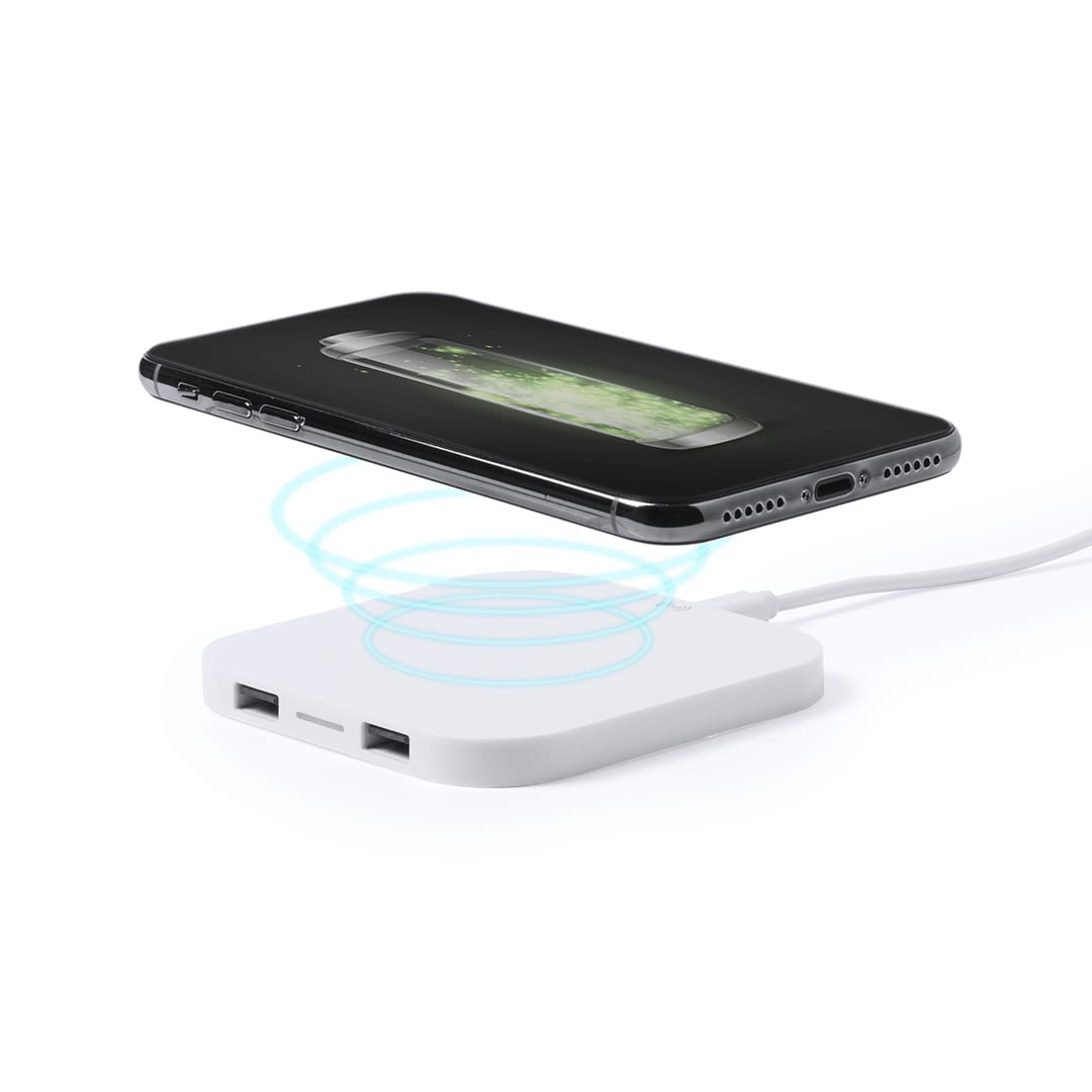 A wireless charger with a white base, featuring two USB ports, charging a black smartphone. Donson - Image 1