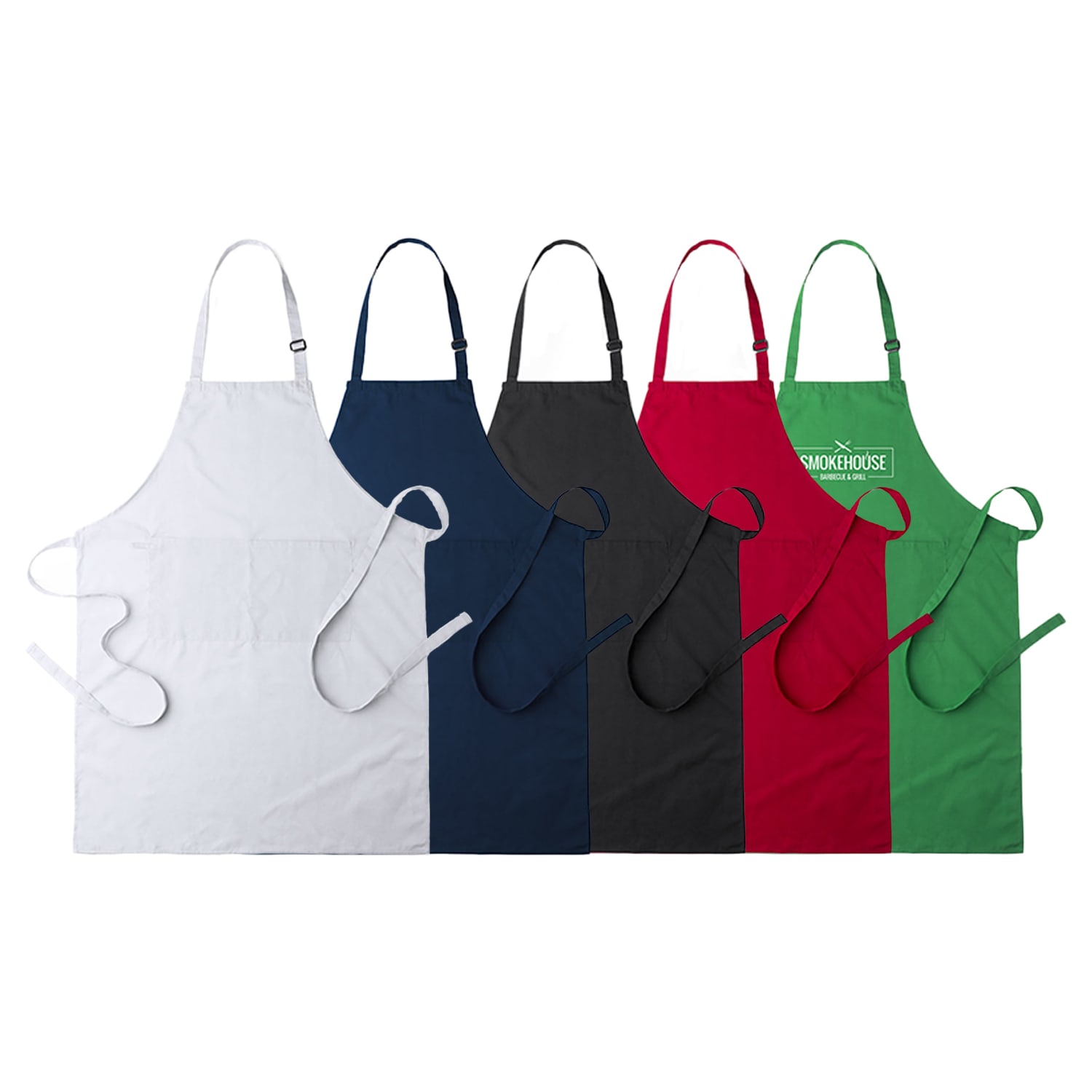Five aprons in white, navy, black, red, and green, each with adjustable neck straps and ties. One features a logo. Konner - Image 1