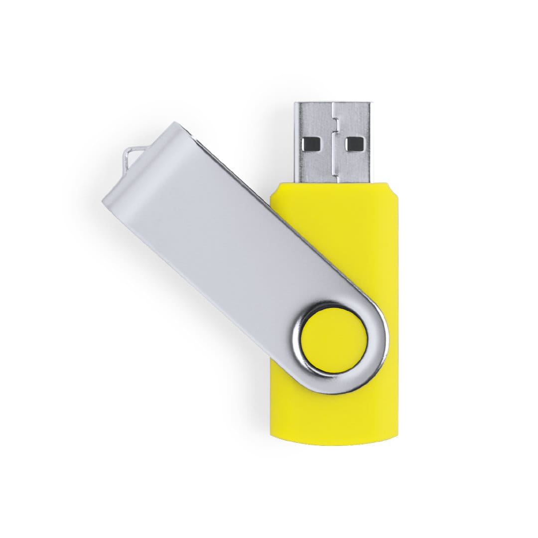 A USB memory device in yellow with a silver swivel cover, featuring a logo. USB Memory Yemil 32GB - Image 1