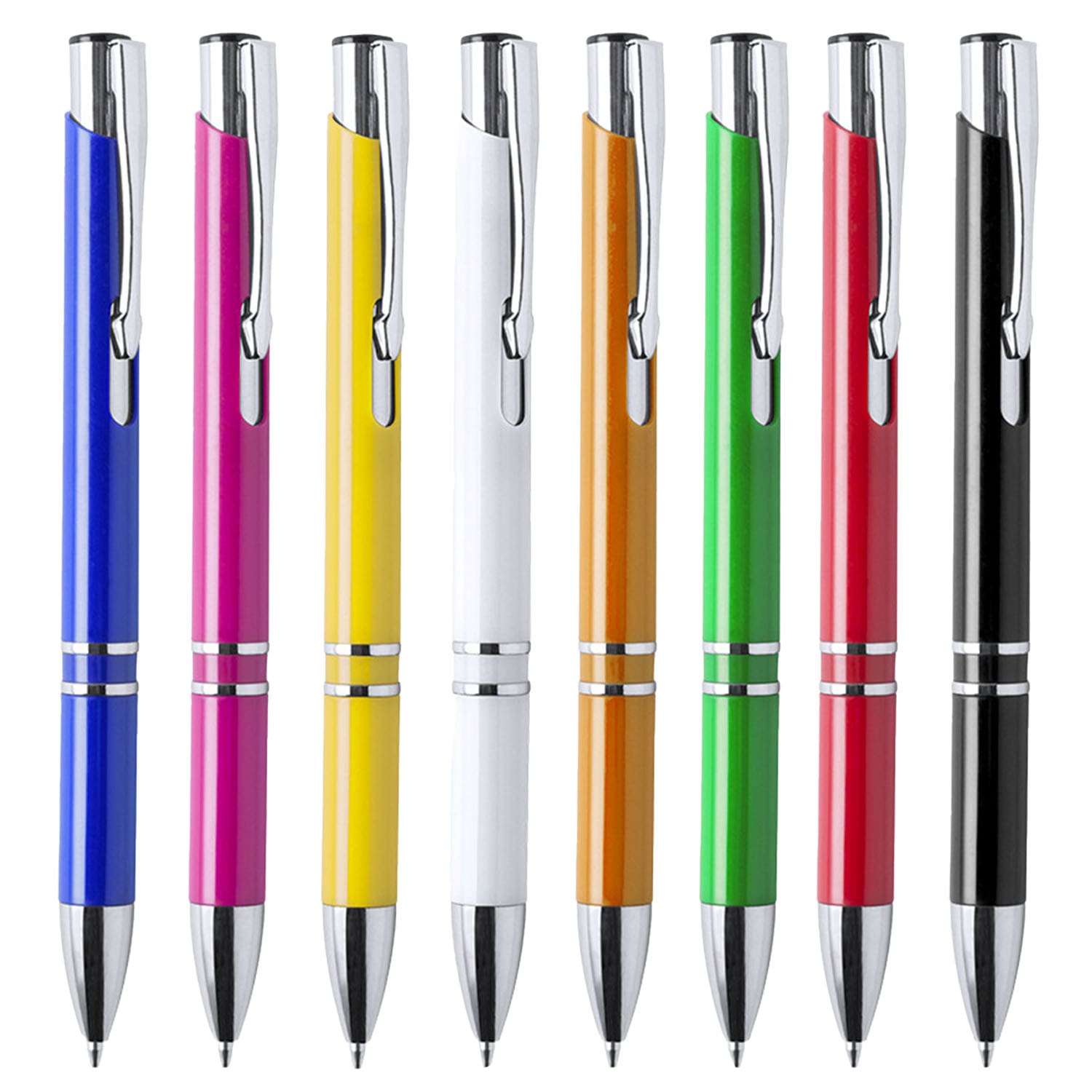 A set of pens in eight colours: blue, pink, yellow, white, orange, green, red, and black, each with a chrome clip. Yomil - Image 1