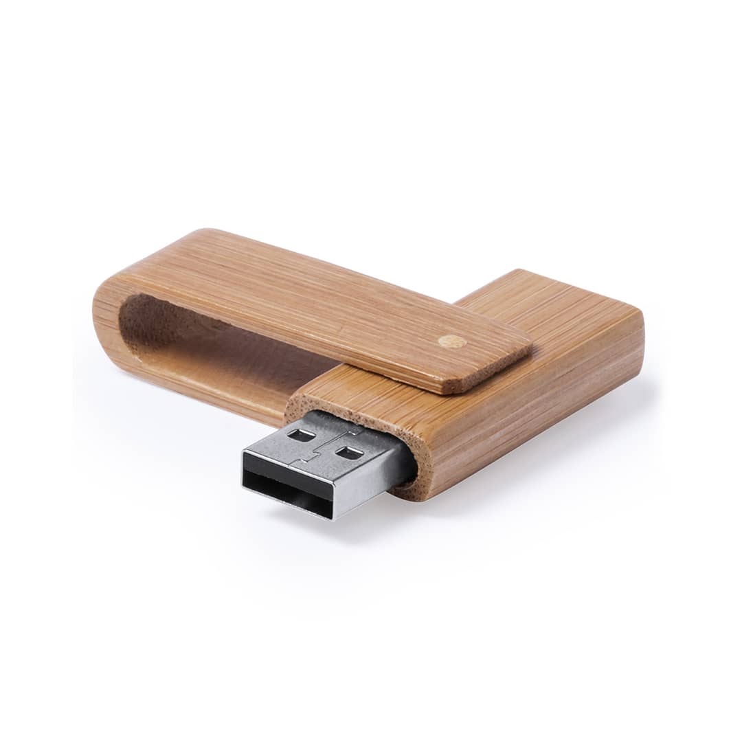 A bamboo USB memory stick in a sleek design, featuring silver connectors and a small branding logo. USB Memory stick made from bamboo Haidam 16GB - Image 1