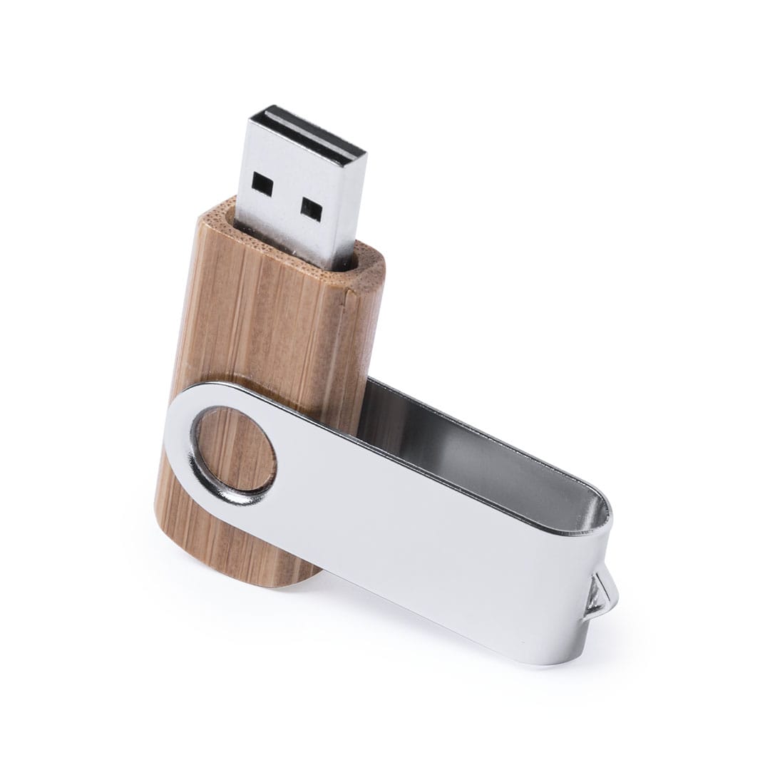 A USB memory stick with a bamboo body and a silver metallic swivel cover, showcasing a sleek design. USB Memory Cetrex 16Gb - Image 1