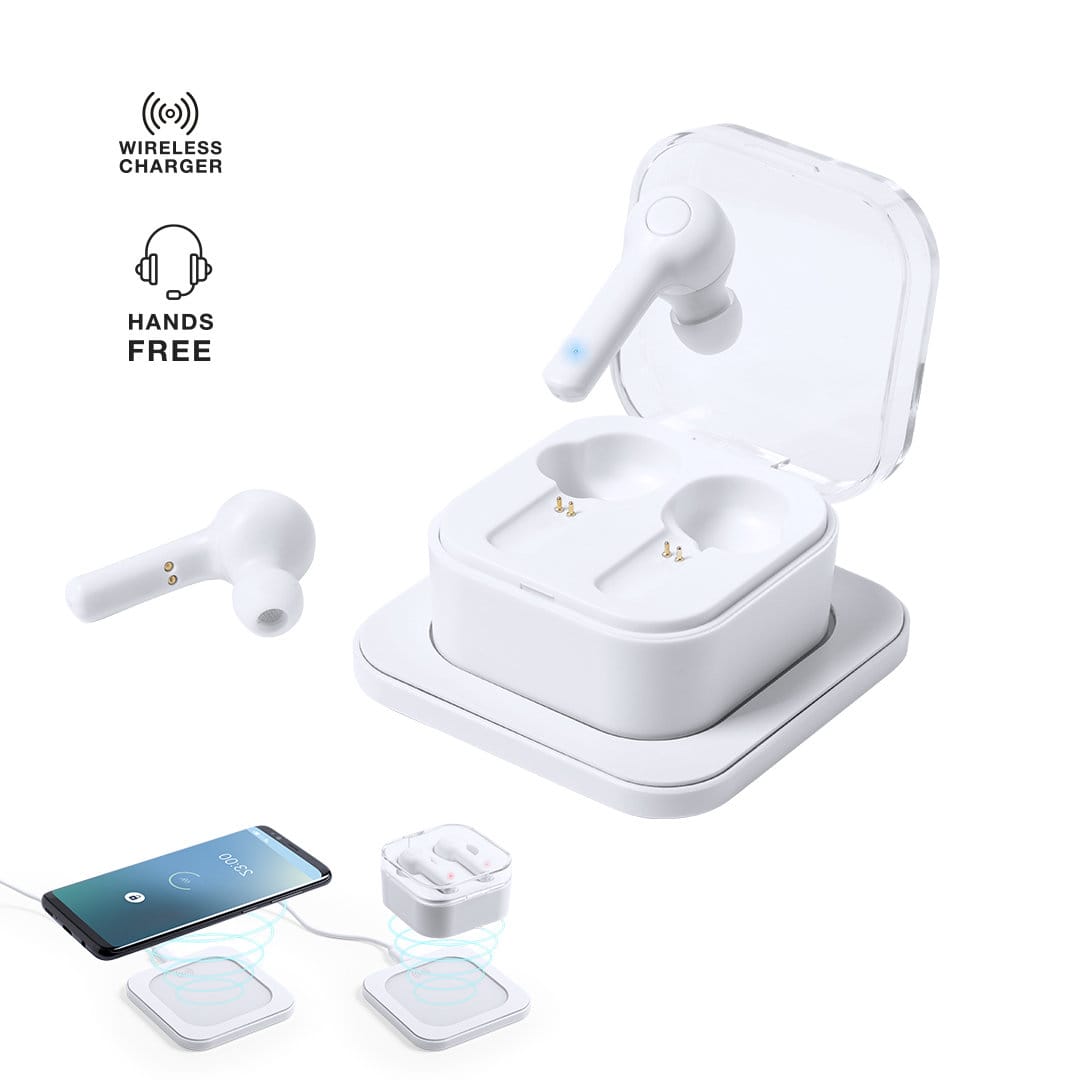 A wireless earbud charging case in white, with two earbuds and a smartphone nearby. The case features a wireless charging pad. Benyer - Image 1