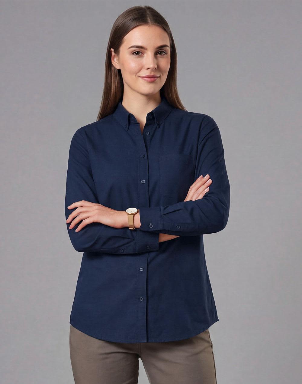 A navy blue long-sleeve cotton blend shirt for women, featuring a collared neckline and button-up front. Ladies' Smart Casual Cotton Blend L/S Shirt - Image 1