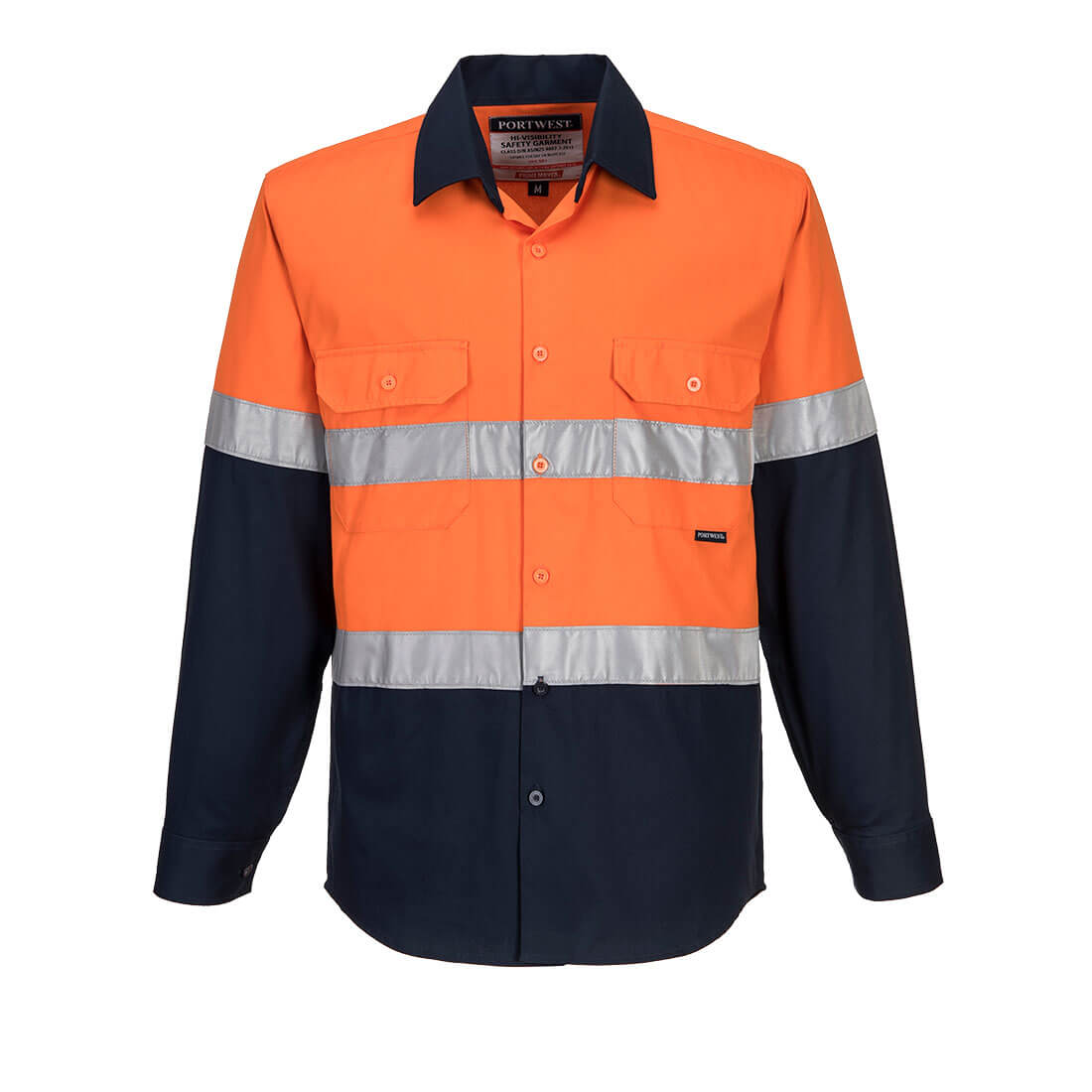 Long-sleeve button-up shirt with orange and navy colours, featuring reflective stripes and a logo. Hobart Hi-Vis Contrast Shirt L/S - Image 1