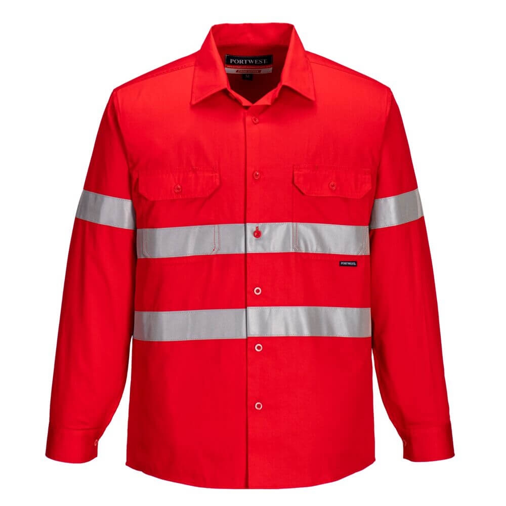 A red open front shirt with reflective stripes and two chest pockets. It has a logo on the label. Darwin Hi-Vis Lightweight Class N Shirt L/S - Image 1