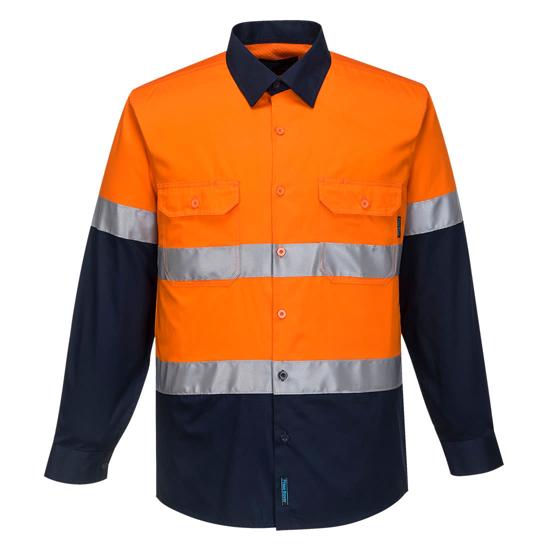 A long-sleeve shirt in orange and navy with reflective stripes and a logo. Features button-up front and pockets. Hobart Hi-Vis Lightweight Contrast Shirt L/S - Image 1