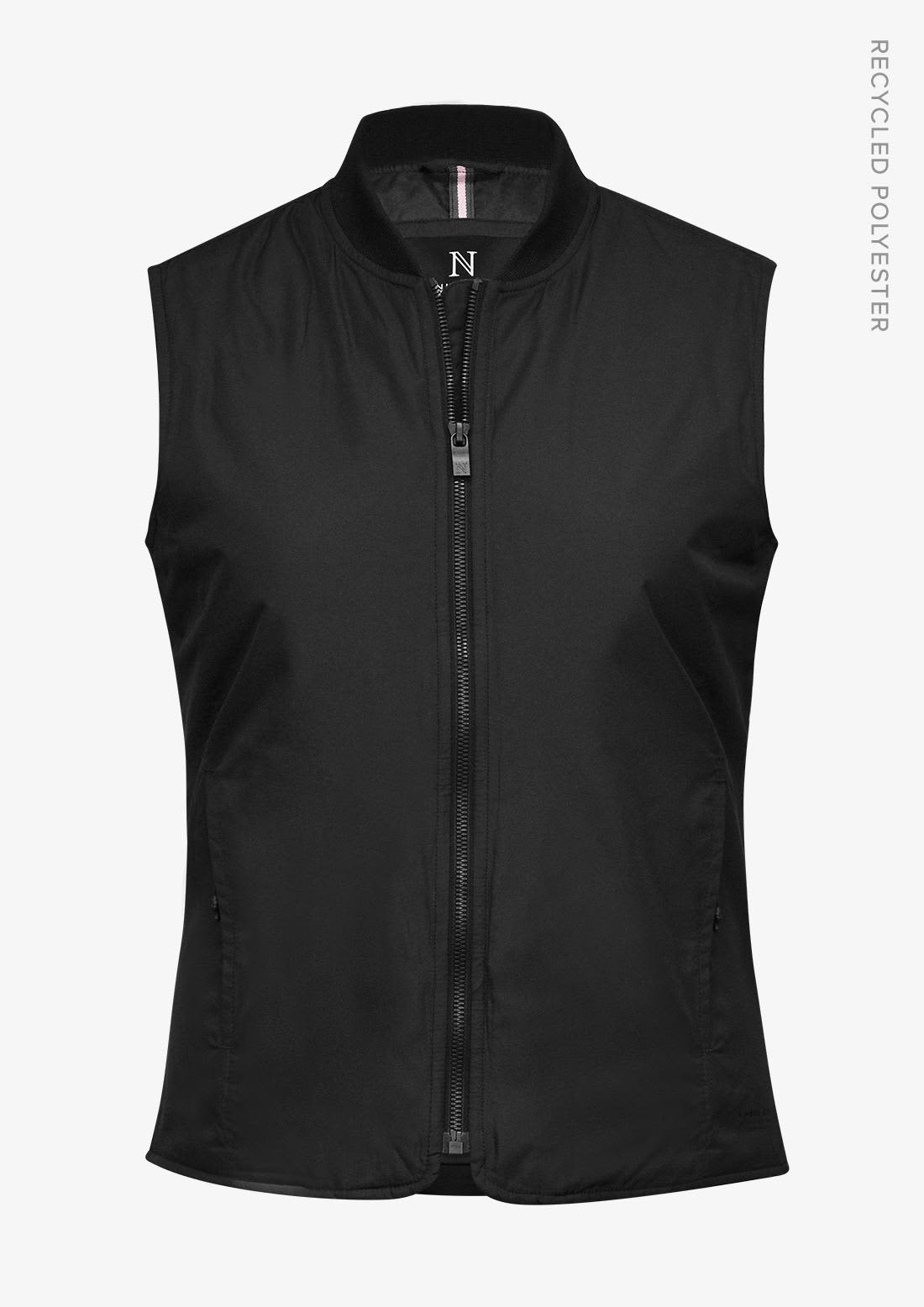 A black puffer vest made of recycled polyester, featuring a zip front and a stand collar. It includes a logo. Maine Women Vest - Image 1