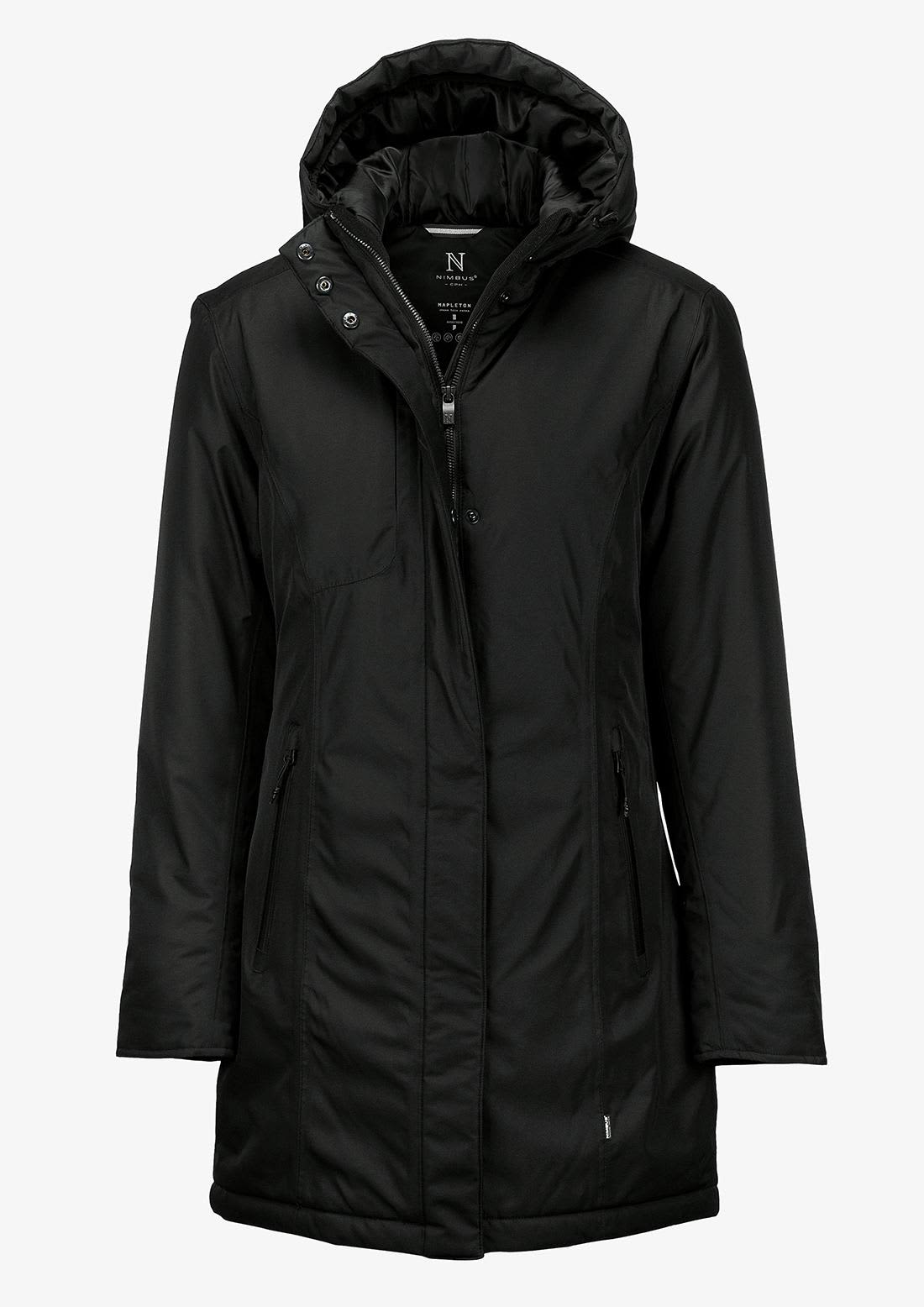 A black puffer jacket featuring a hood, zippered front, and side pockets, with a logo visible on the inside. Mapleton Women Jacket - Image 1