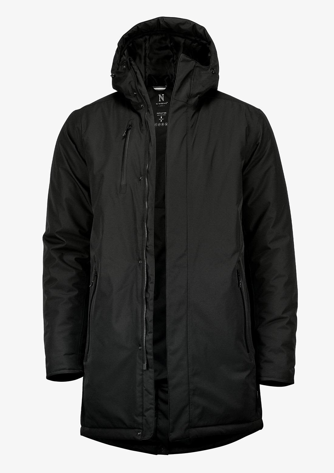 A puffer jacket in black with a hood and a zip front. It features a logo on the chest. Mapleton Men Jacket - Image 1