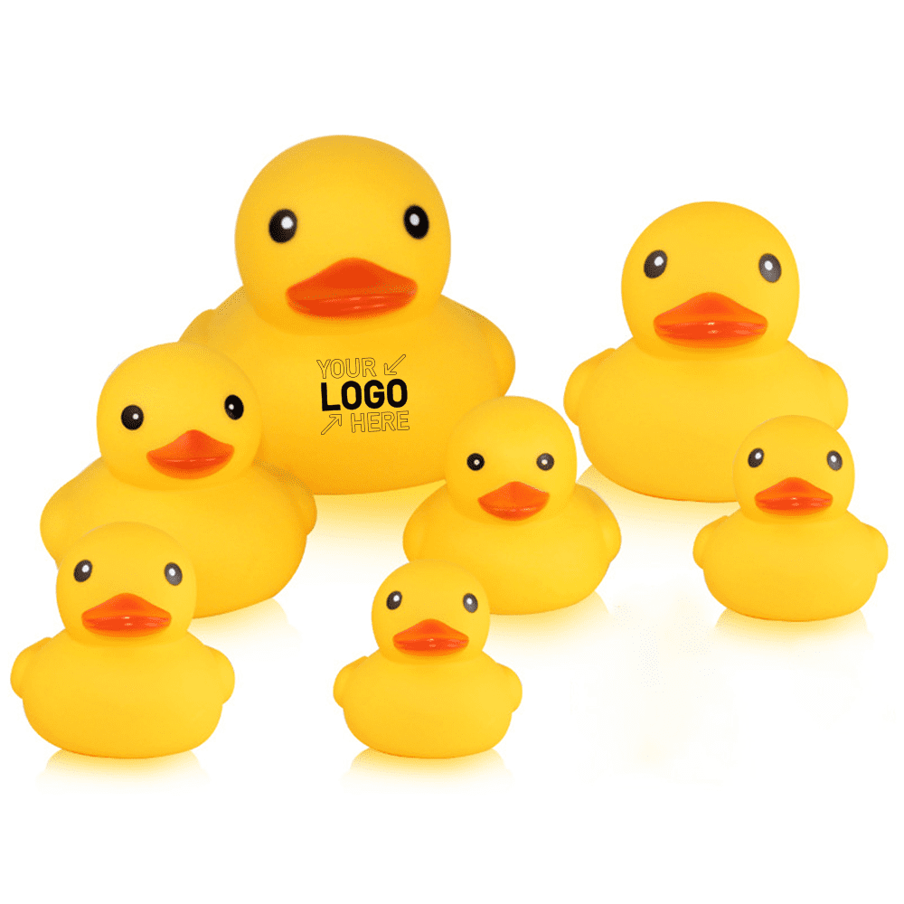 A group of yellow rubber duck toys in various sizes, featuring one with a logo. Mini Rubber Duck Toy - Image 1