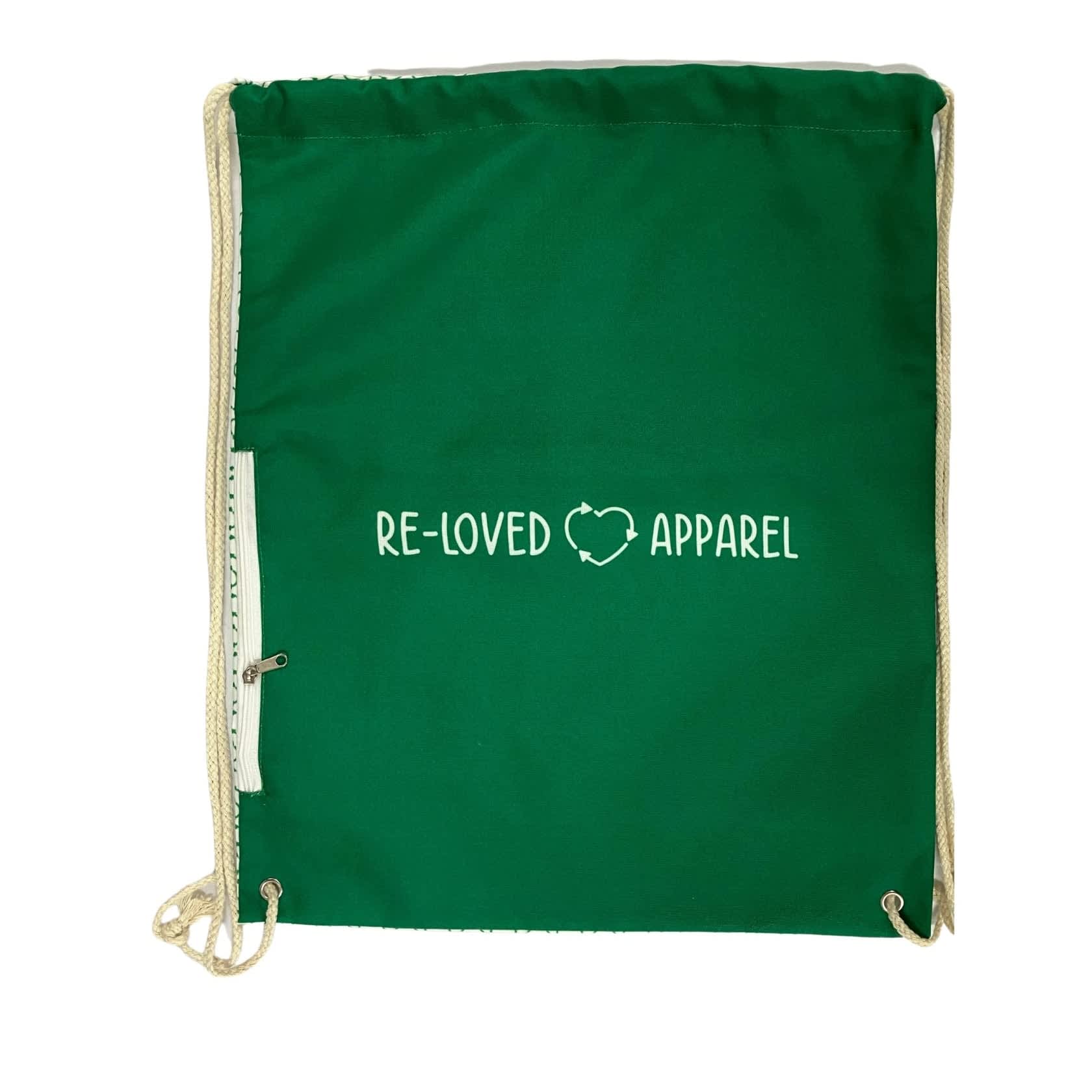 A green organic cotton drawstring backpack with a pocket and a logo. Marlu Organic Cotton Drawstring Backpack with Pocket - Small - Image 1