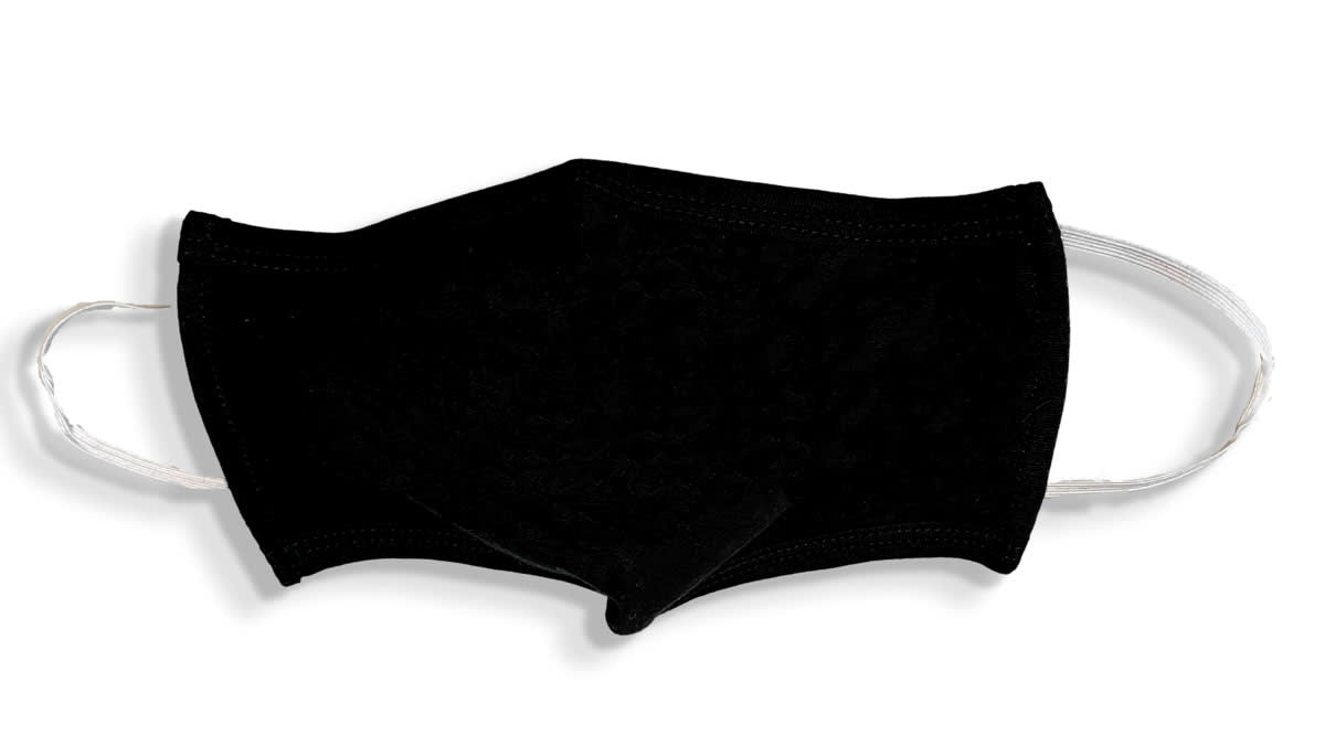 A black 100% cotton face mask with elastic ear straps and a structured design. It features a branding logo. 100% Cotton Face Masks - Image 1