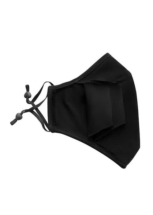 A black three-layer face mask with adjustable toggles for a secure fit and a logo present on the side. Adult 3 Layer One Piece Face Masks with Adjustable toggle - Image 1