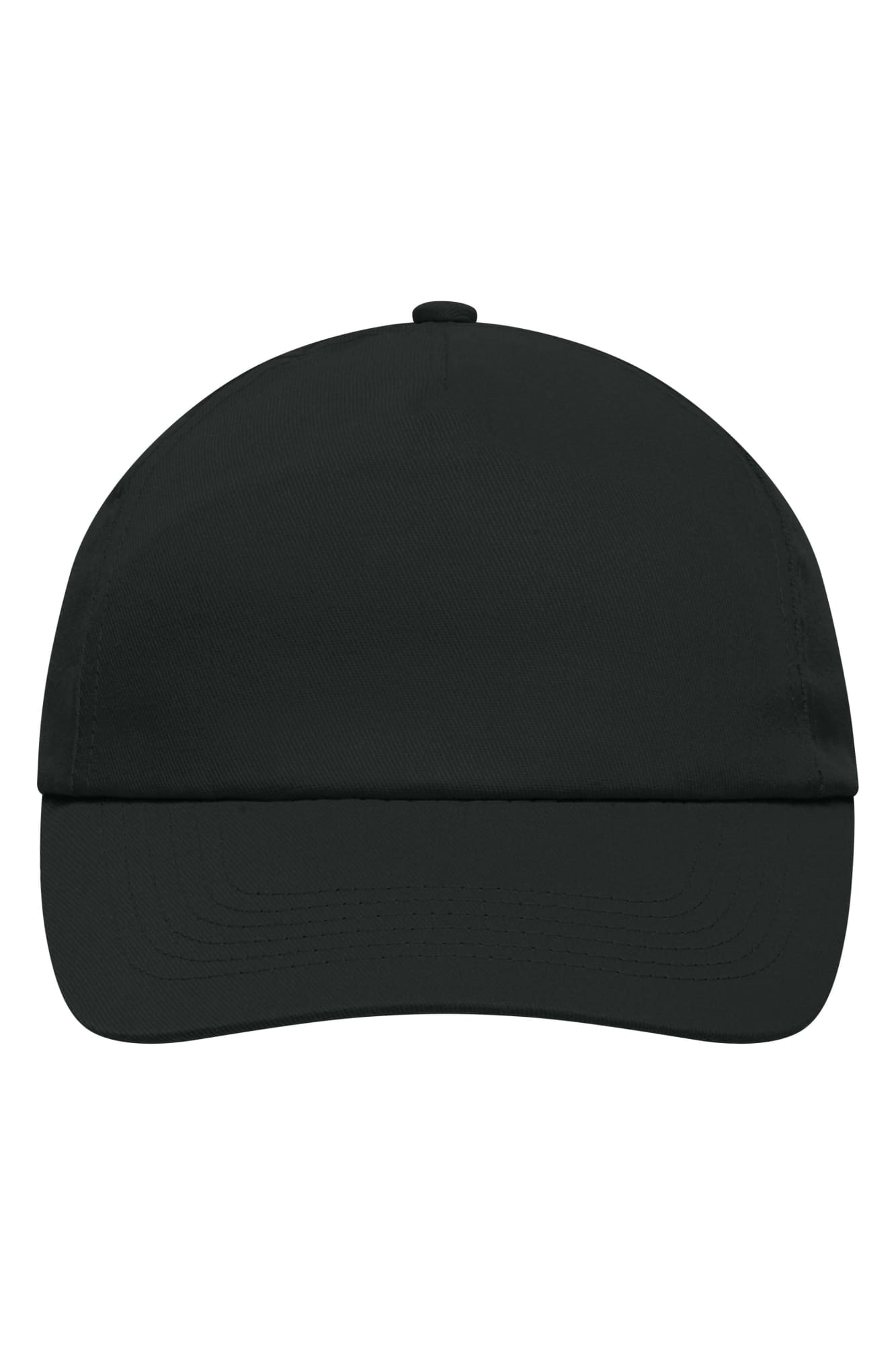 A black 5 Panel Promo Cap featuring a curved brim and a logo on the front. 5 Panel Promo Cap - Image 1