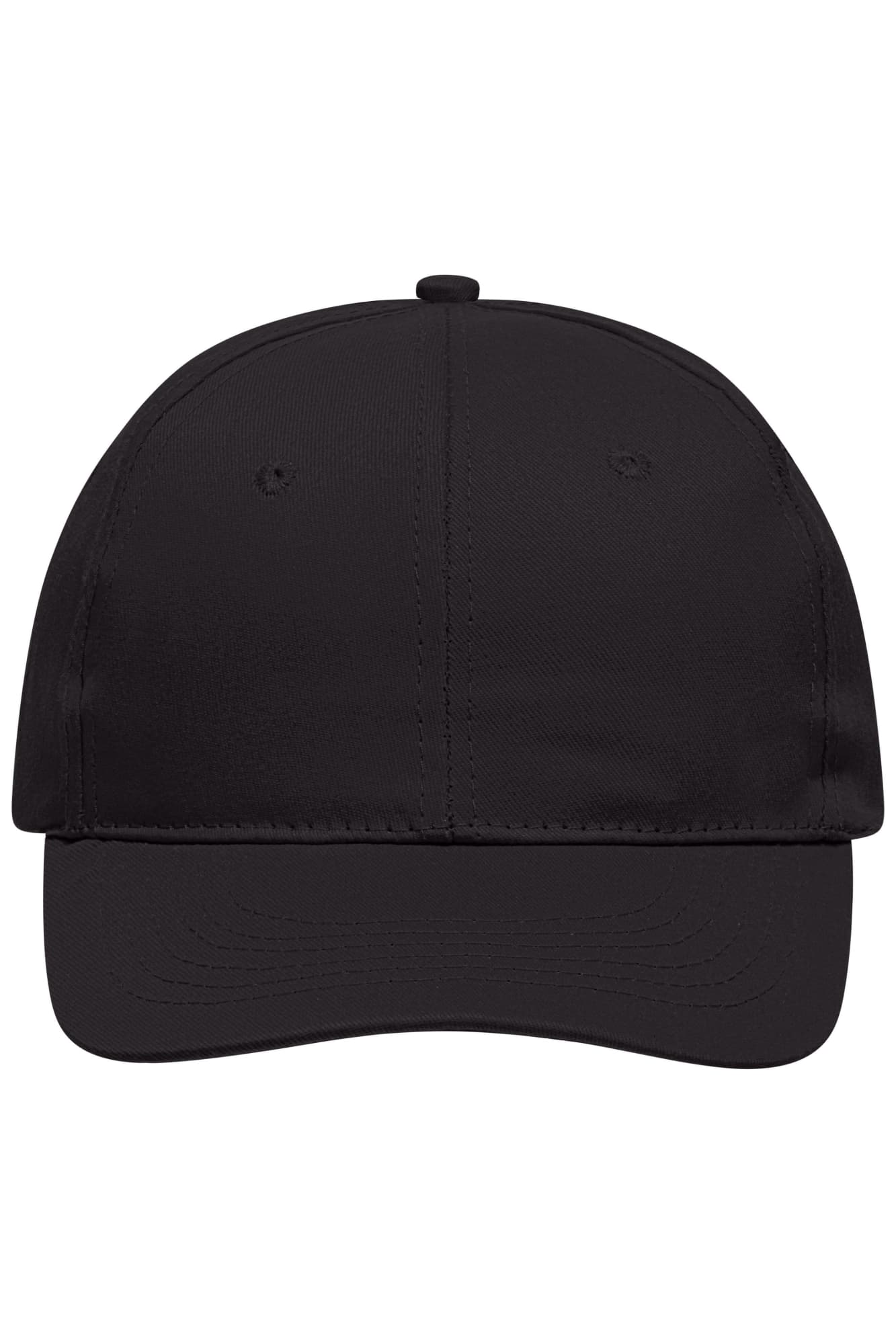 A black 6 panel cap featuring a curved brim and ventilation eyelets. It has a logo on the front. 6 Panel Promo Cap - Image 1