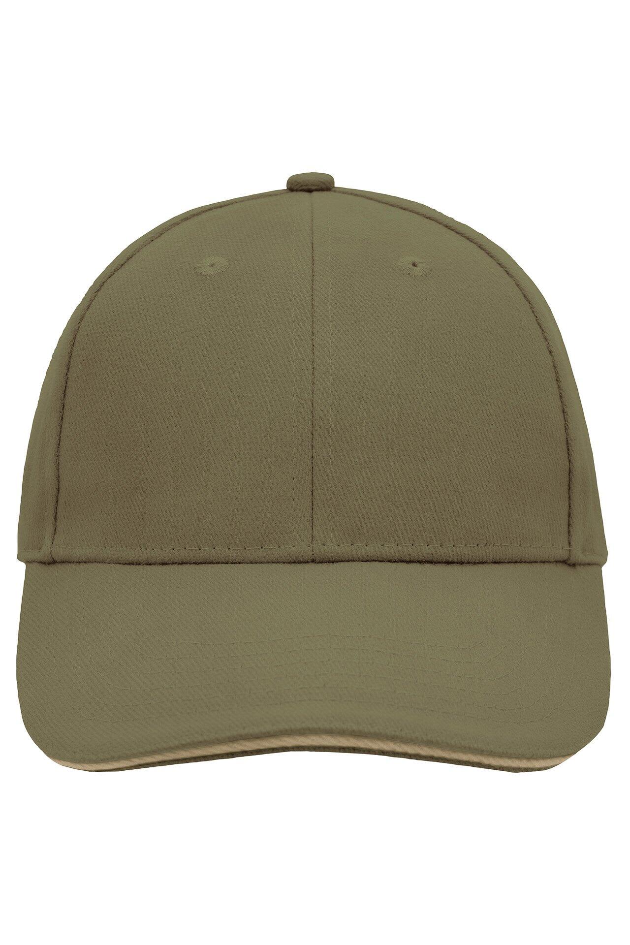 A khaki 6 panel sandwich cap with a curved brim and a plain design, featuring a logo on the front. 6 Panel Sandwich Cap - Image 1