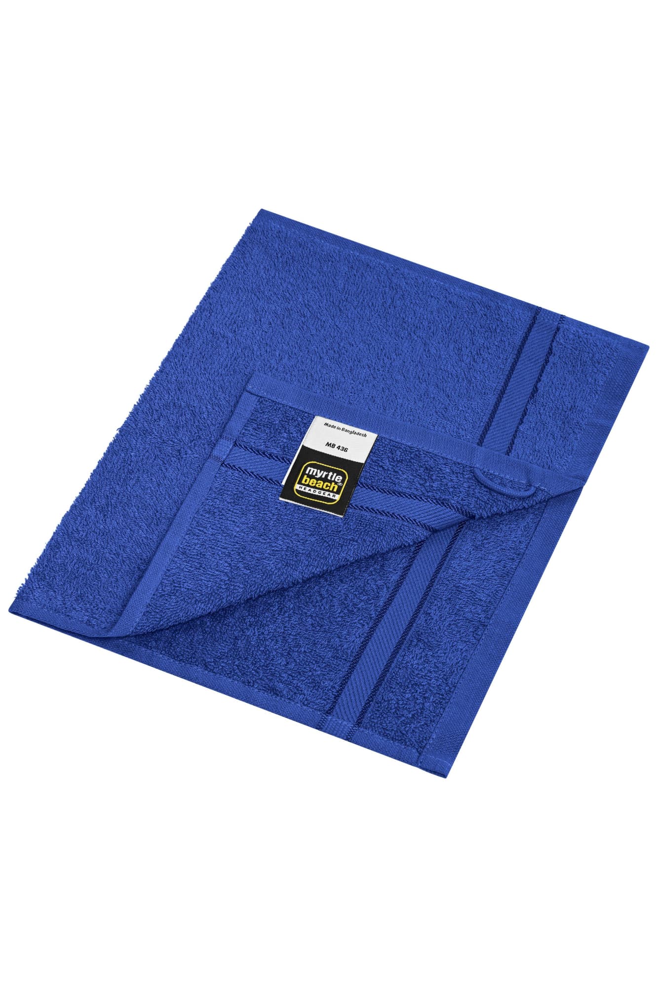 A blue guest towel with a textured finish and folded corner, featuring a logo label. Guest Towel - Image 1