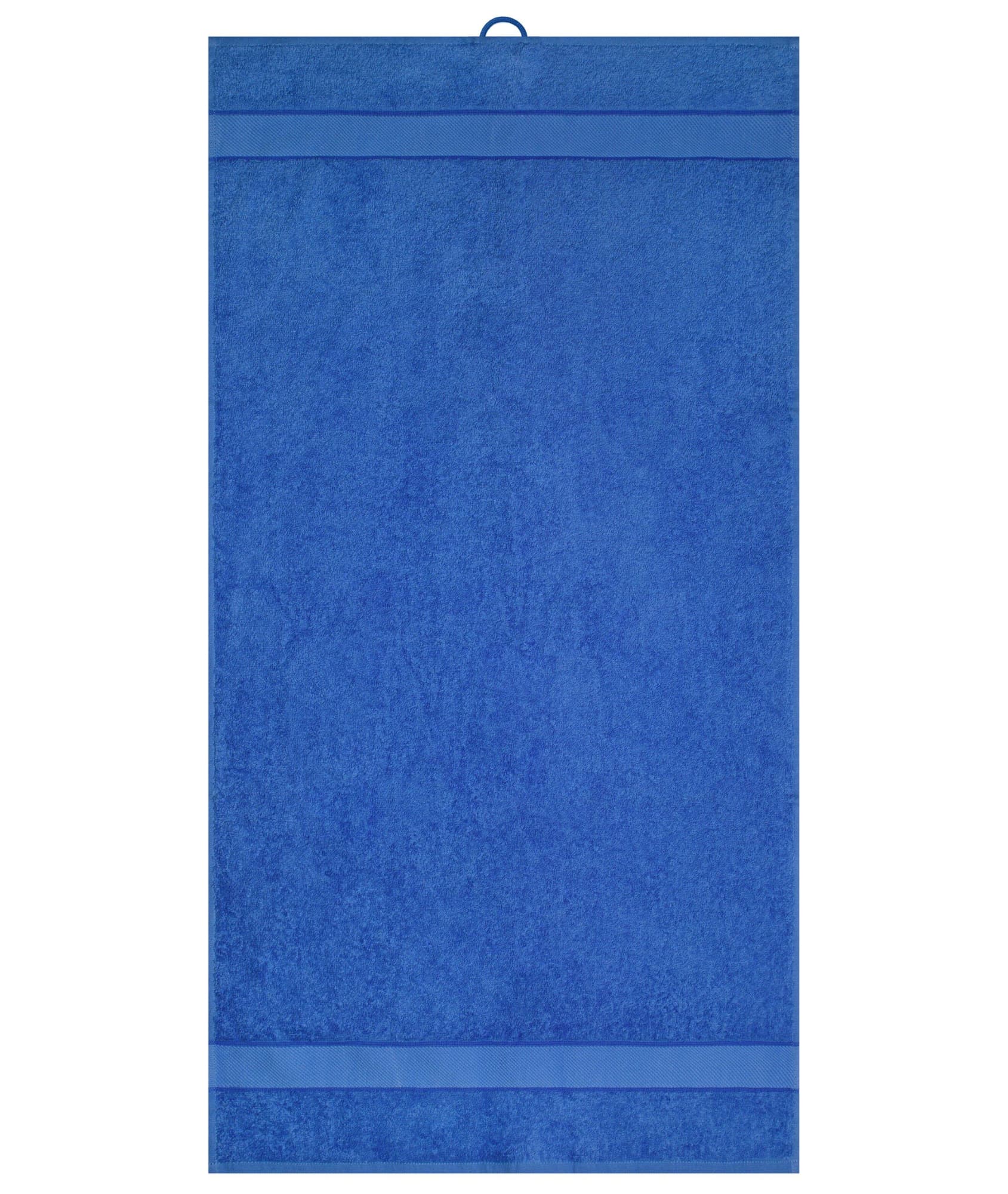 A blue hand towel featuring a loop for hanging and two striped accents. It has a soft, plush texture. Hand Towel - Image 1
