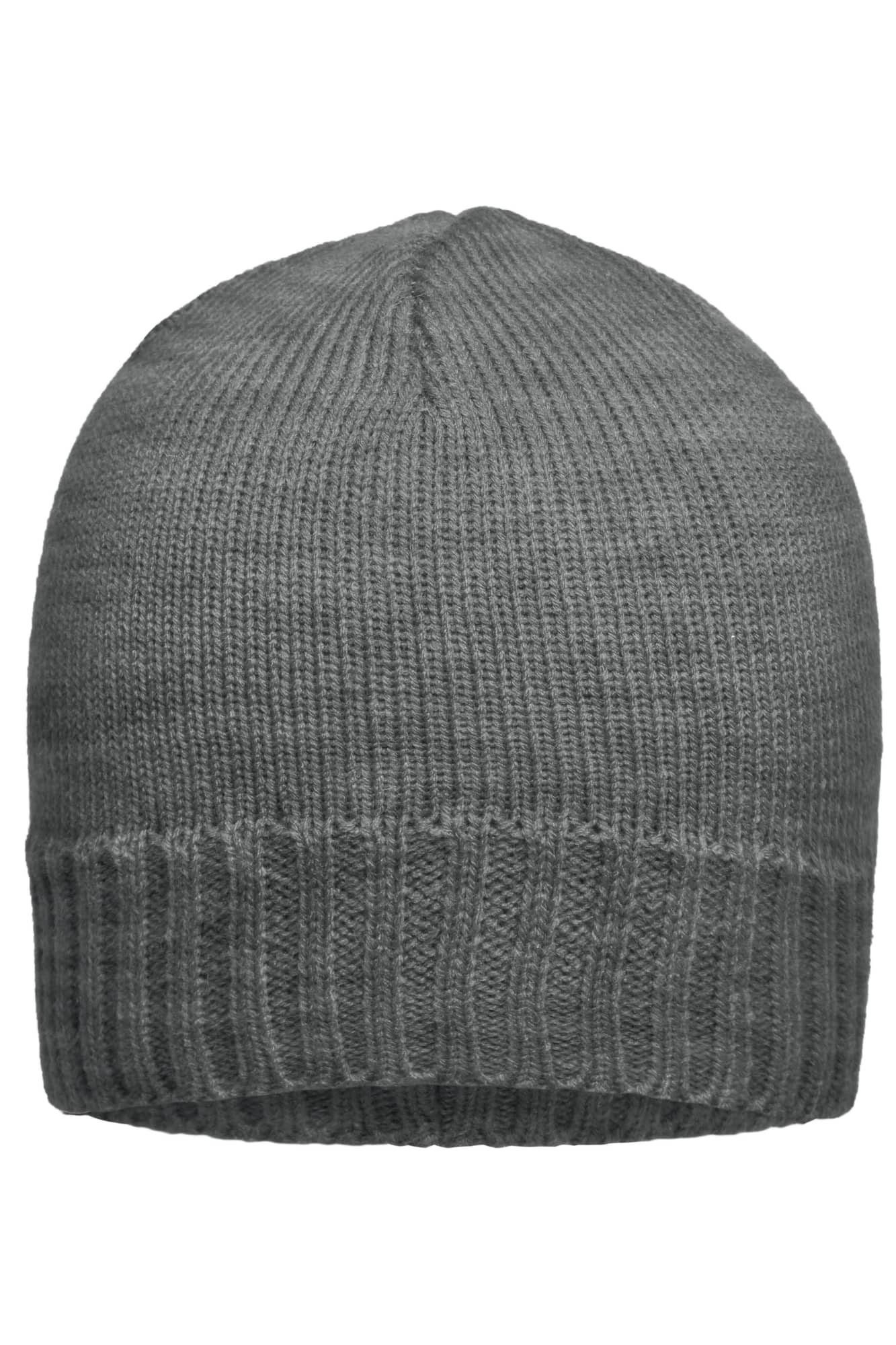 A grey ribbed beanie with a textured knit design and a folded cuff. It includes a logo on the side. Rib-Beanie - Image 1