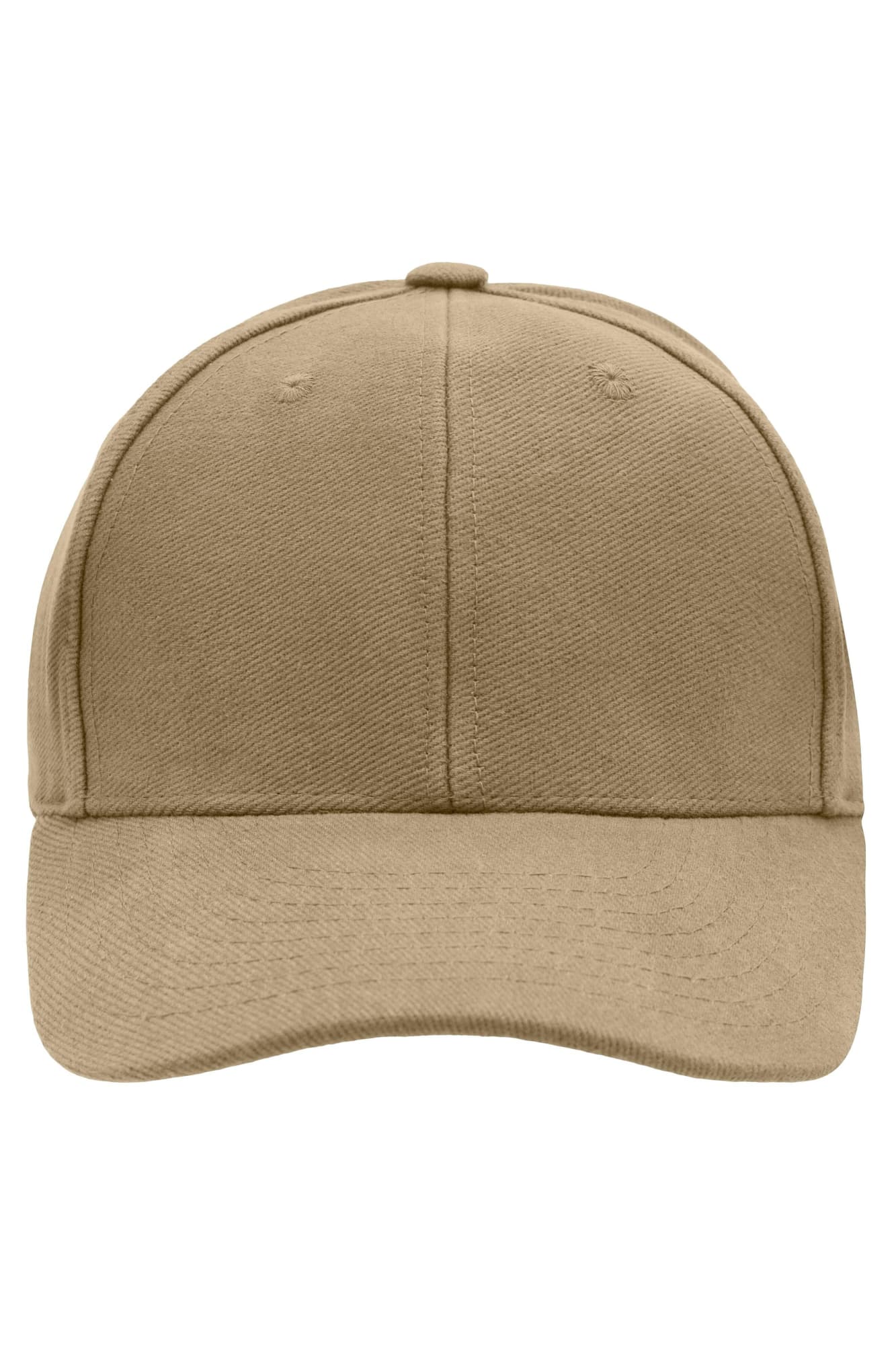 A tan 6-panel cap featuring a structured design and a back strap for adjustment. Includes a logo on the front. 6 Panel Raver Cap - Image 1