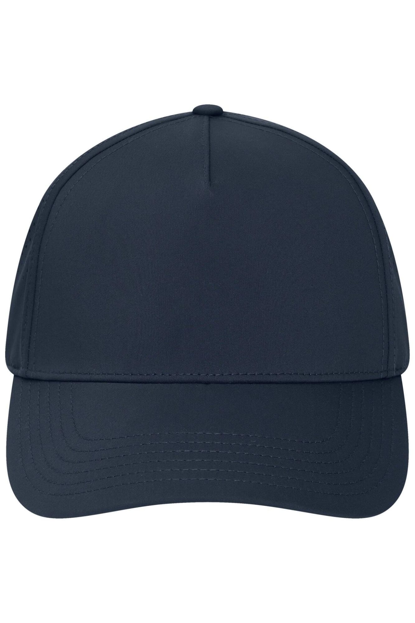 A navy blue 5 panel laser-cut cap with a logo featured on the front. 5 Panel Laser-Cut Cap - Image 1
