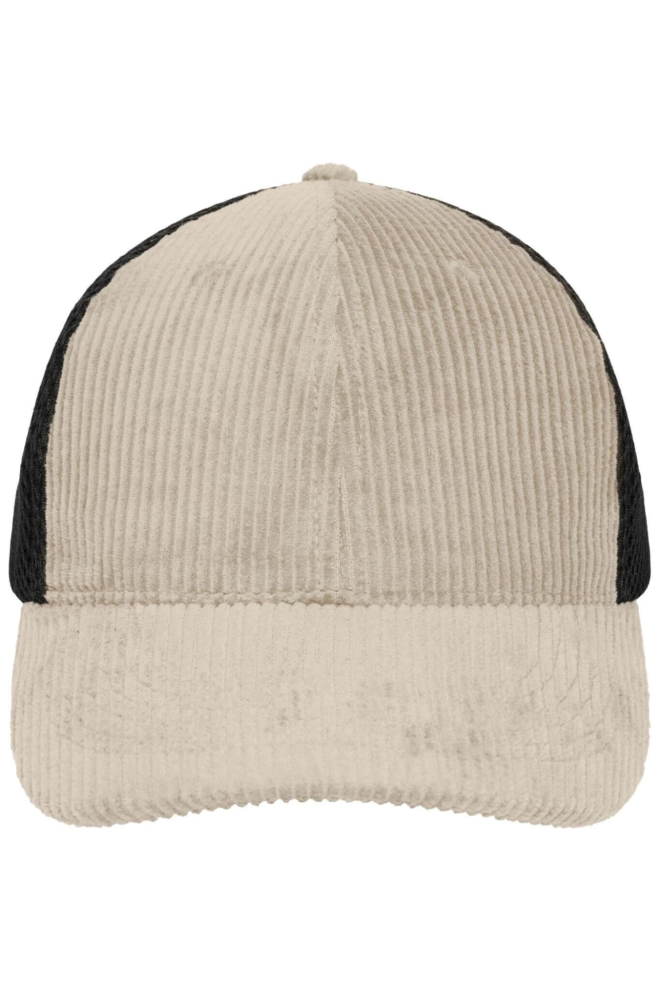 A 6-panel cap featuring a corduroy front in light beige and a black mesh back, complete with a logo. 6 Panel Corduroy-Mesh Cap - Image 1