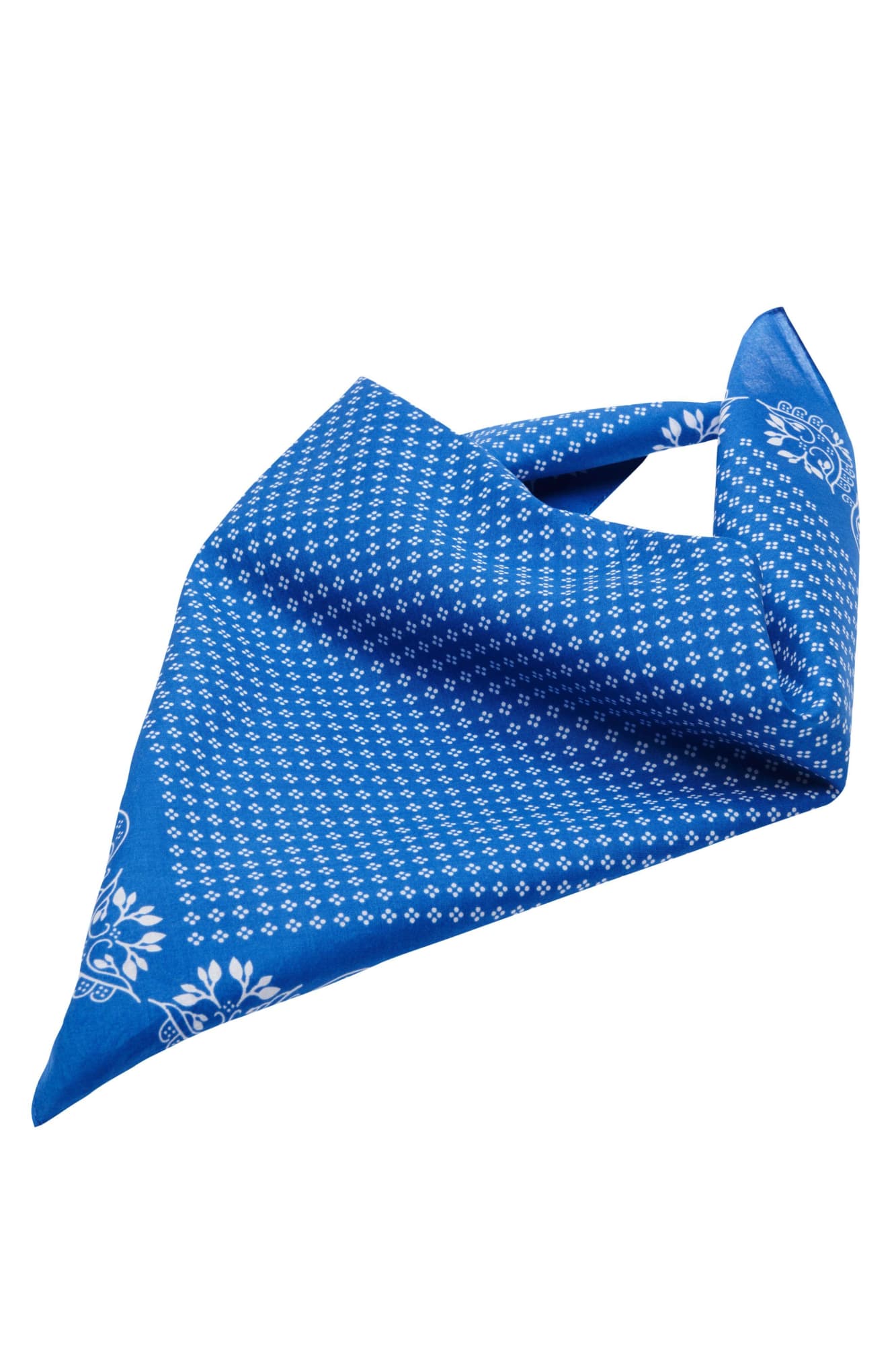 A blue bandana featuring a white floral and patterned design, with a triangular shape and a decorative edge. Traditional Bandana - Image 1