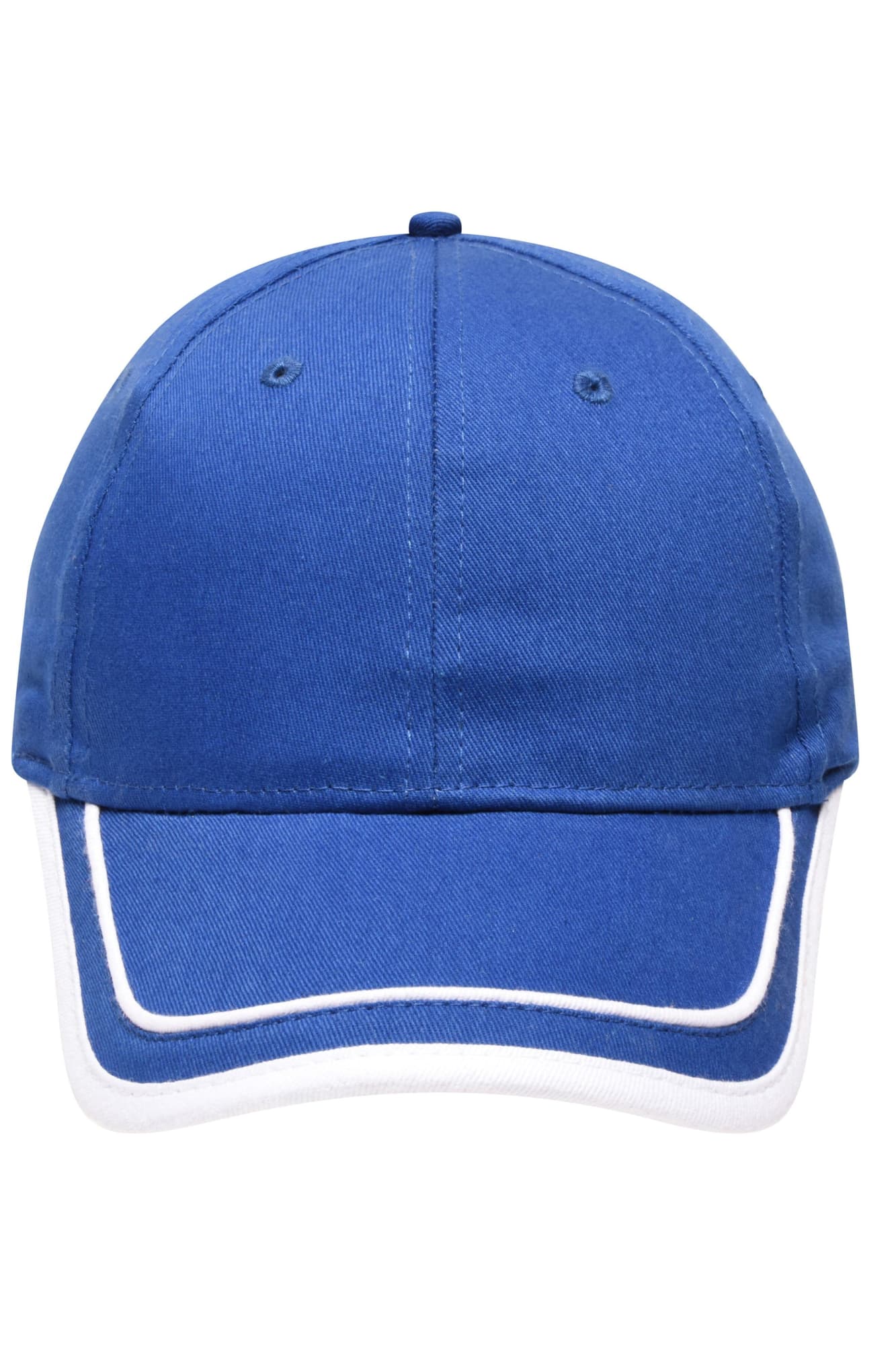 A blue 6 panel cap featuring white piping along the brim. The cap has a logo on the front. 6 Panel Piping Cap - Image 1