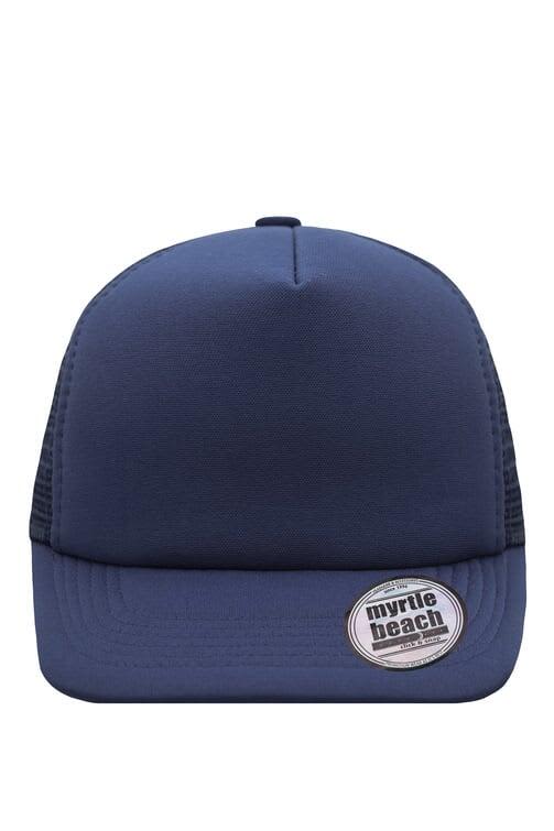 A navy 5 Panel Flat Peak Cap featuring a branded logo on the front and mesh panels at the back. 5 Panel Flat Peak Cap - Image 1